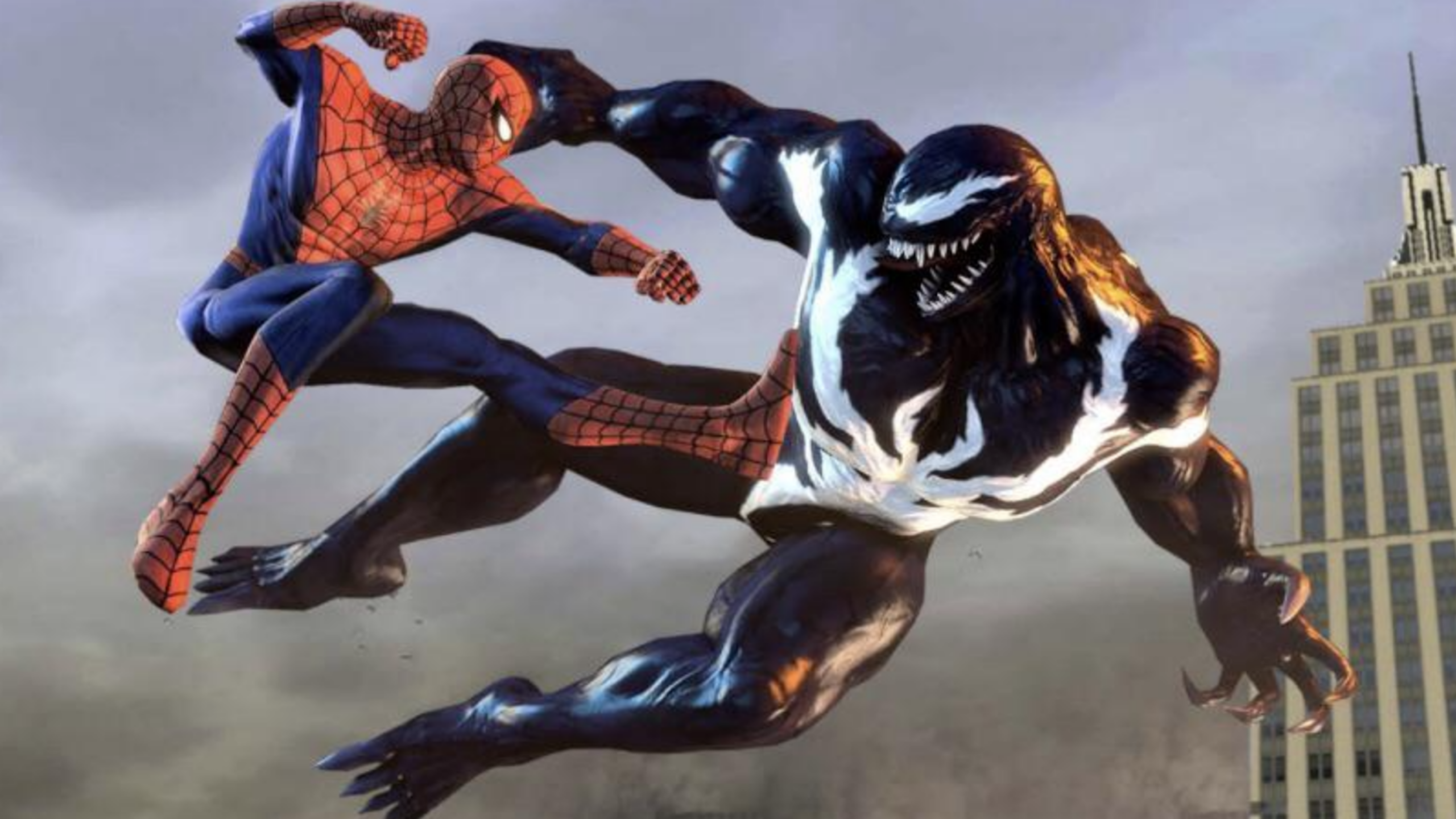 Spider-Man kicks Venom in midair during a battle, with a city skyline and tall building in the background. Both characters appear muscular and dynamic, capturing the intense action between Spider-Man and his formidable foe.