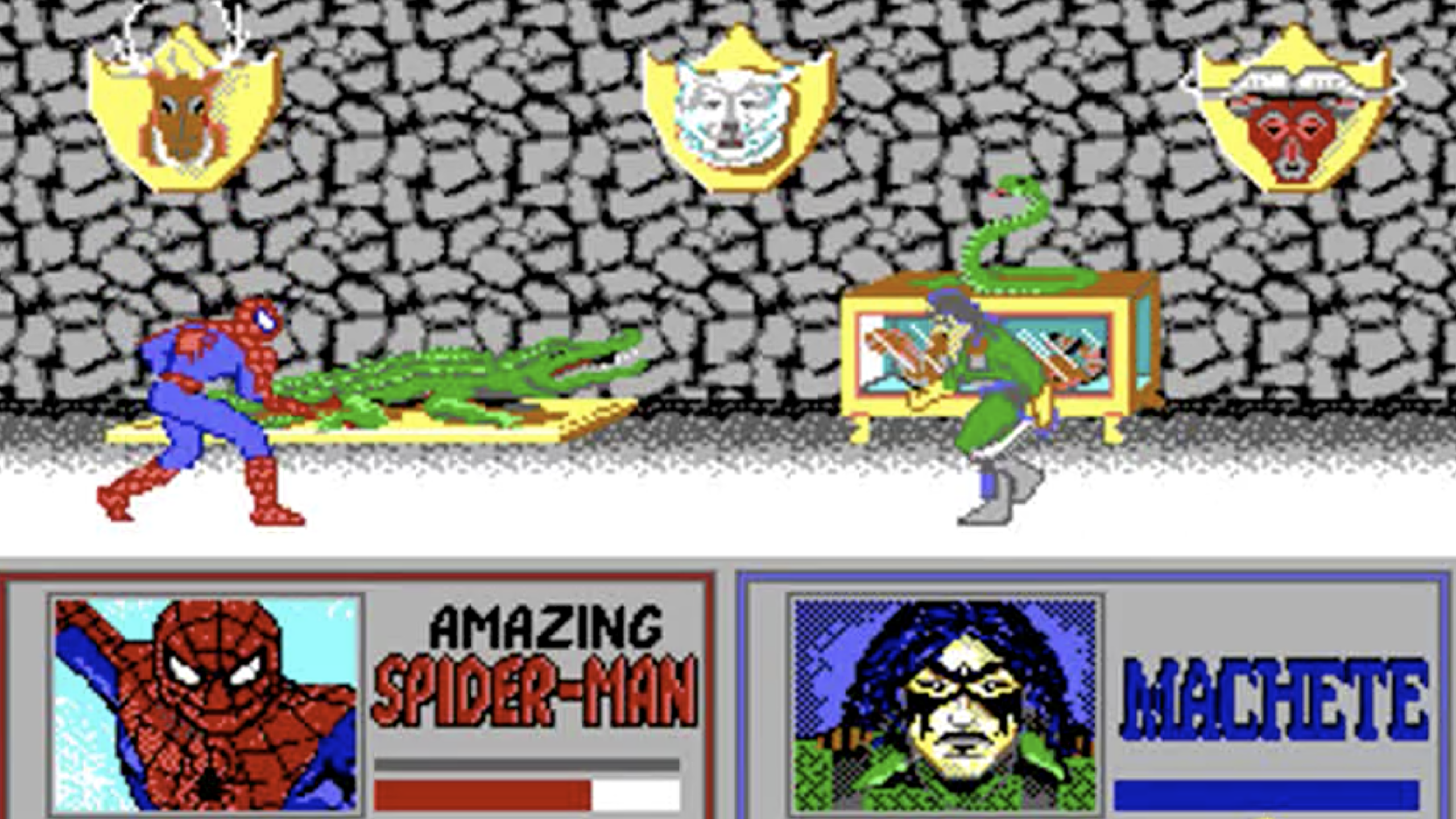 Spider-Man faces a villain in a room with mounted animal heads and a lurking crocodile. Health bars and Spider-Man character portraits are shown at the bottom of the screen.