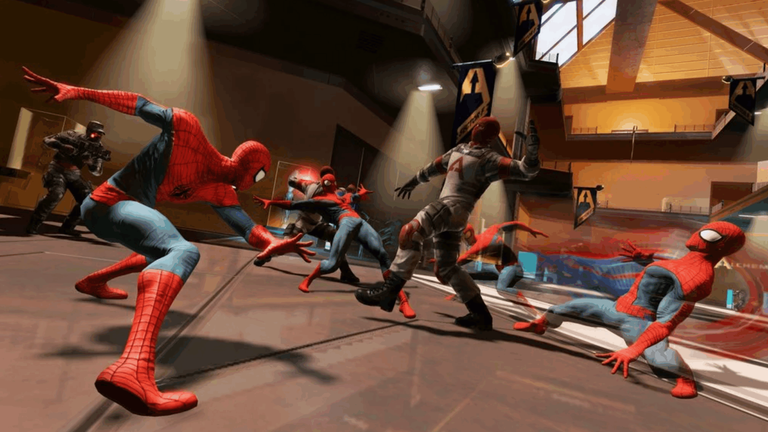 Multiple Spider-Man characters surround and attack a single armored enemy inside a brightly lit room, while another figure with a gun stands in the background. The scene is dynamic and action-packed, showcasing the agility and teamwork of Spider-Man as they confront their formidable foe.
