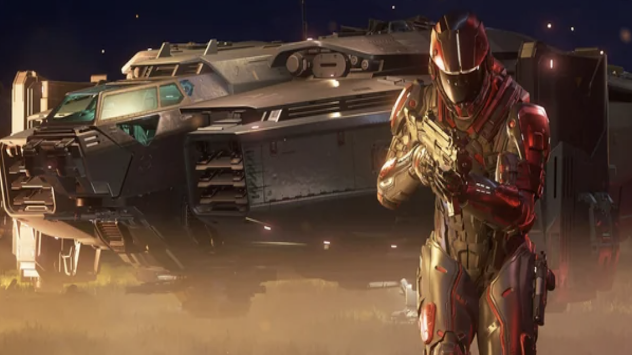 A person in futuristic red and black armor holding a weapon stands in front of a large, high-tech vehicle on a dusty, nighttime landscape, reminiscent of the immersive worlds seen in GTA VI.