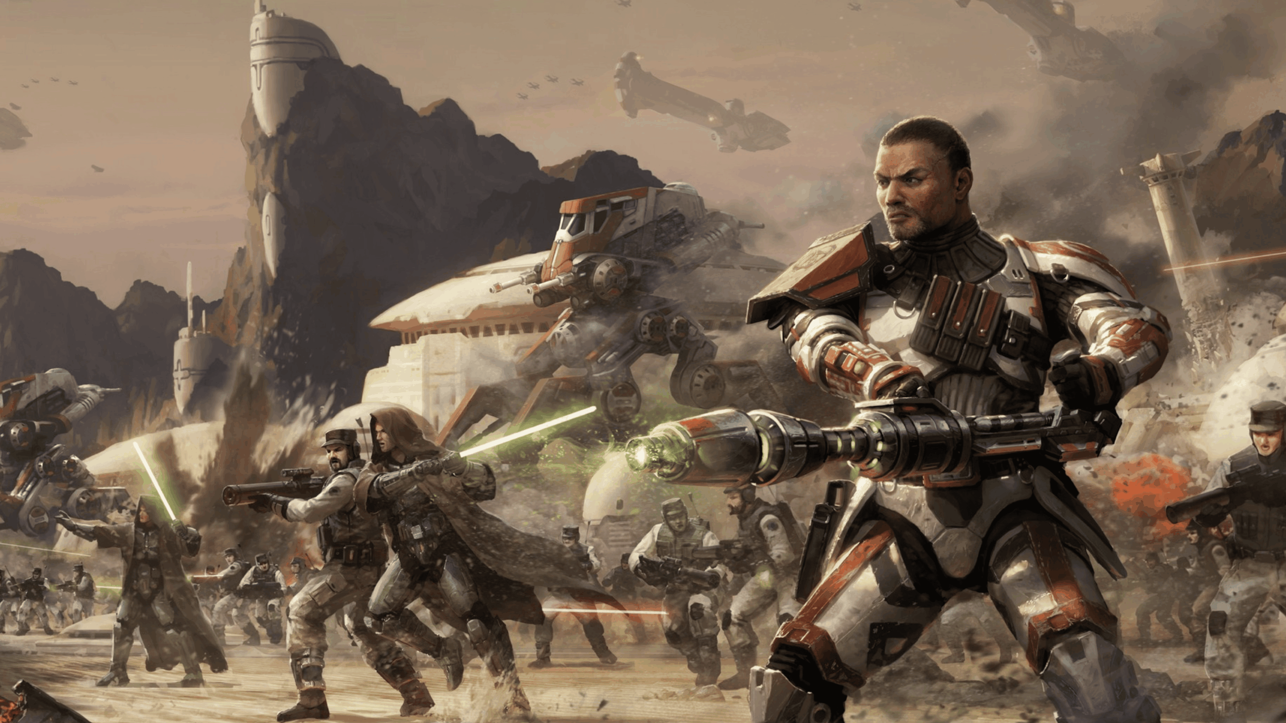 Armored soldiers wielding blasters and lightsabers battle on a dusty, war-torn landscape with spaceships, walkers, and explosions in the background, creating a scene as intense and dynamic as a GTA VI showdown.
