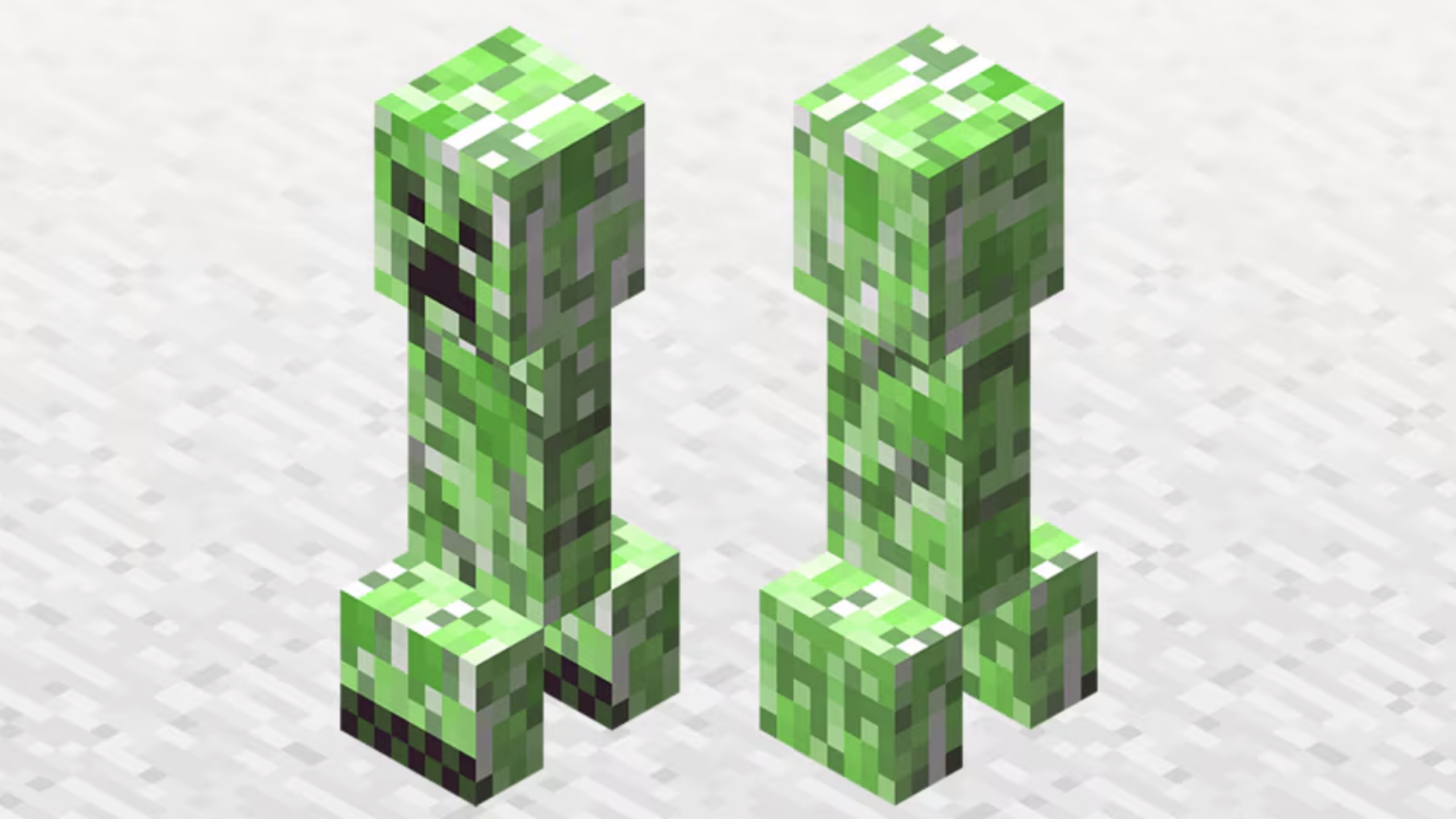 Two green pixelated Minecraft Creepers stand on a light gray, textured background, showing both their front and back sides—perfect for fans eager to uncover hidden Video Game Secrets.