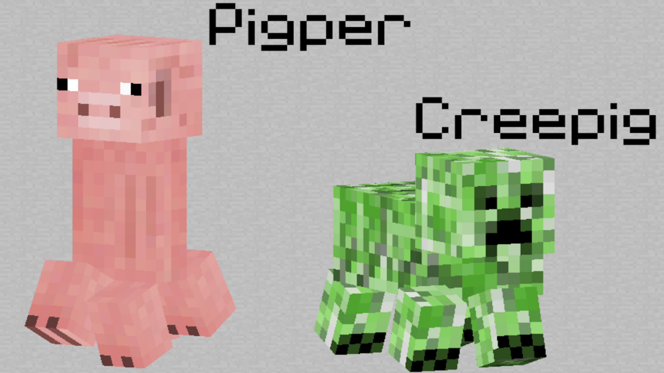 Two creatures are shown: one is a pig with creeper legs labeled "Pigper," and the other is a creeper with pig legs labeled "Creepig." Both have a blocky Minecraft style.