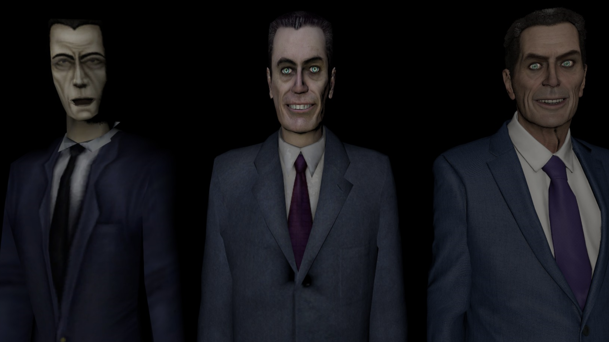Three men in suits stand side by side on a black background, each with unnaturally pale skin and intense, glowing eyes, wearing dark or purple ties and sporting unsettling facial expressions—resembling mysterious characters straight out of a video game.