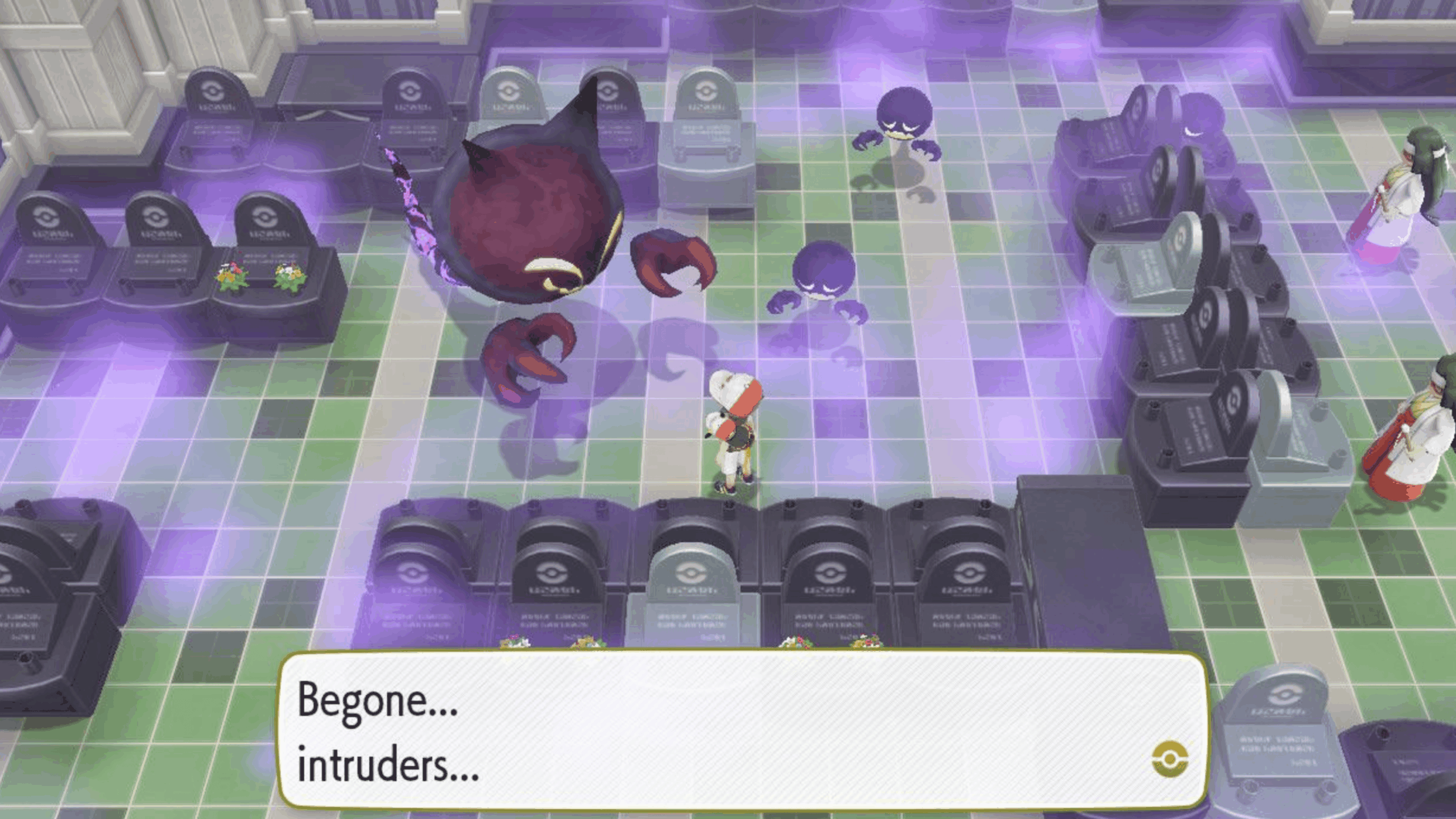 A player faces a ghostly, purple Marowak spirit surrounded by mist in Pokémon Tower, with text saying, "Begone... intruders..." In this iconic video game moment, other ghost figures and grave markers are visible, adding to the eerie atmosphere.