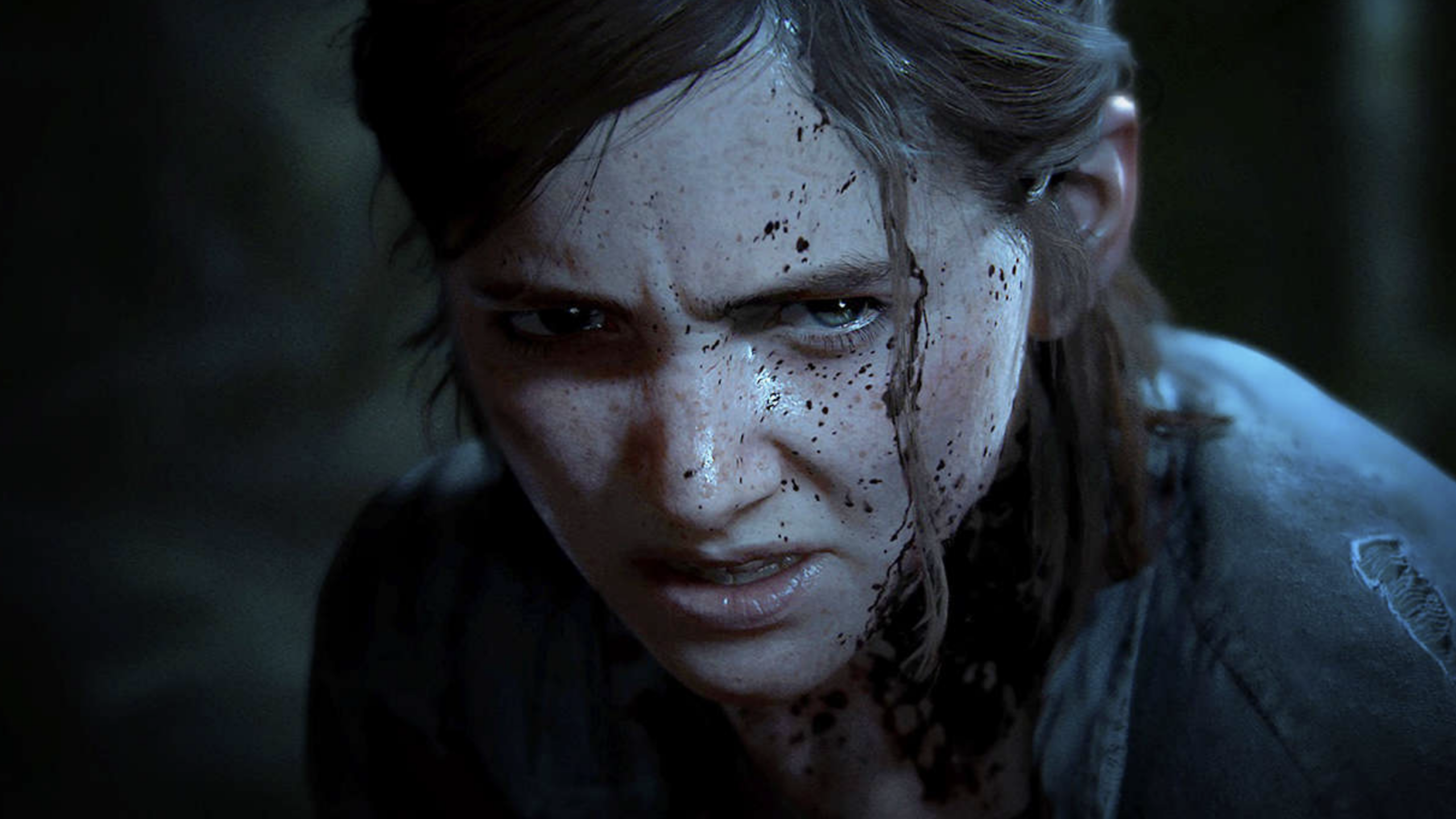 A young woman with blood splattered on her face and hair looks intensely determined and angry, set against a dark, blurry background reminiscent of the gritty atmosphere found in GTA VI.