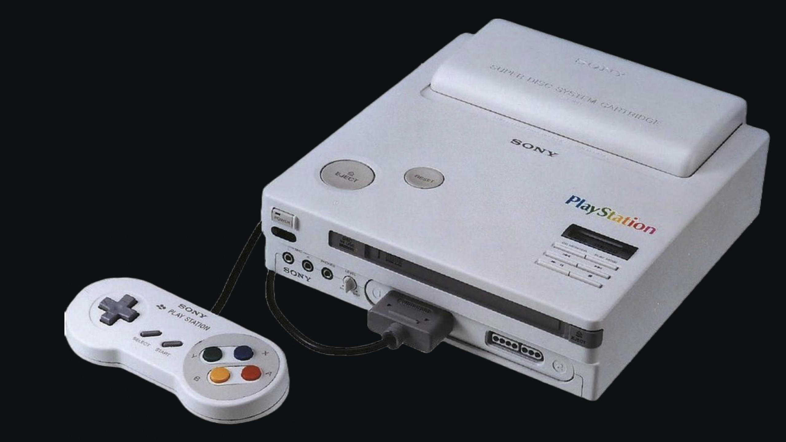 A prototype Sony PlayStation console with a controller attached. The system is white, rectangular, and features both cartridge and disc slots, with buttons labeled “Power” and “Reset.” The controller is also white with colorful buttons—a rare piece that hints at the fascinating Video Game Secrets behind Sony’s early console development.