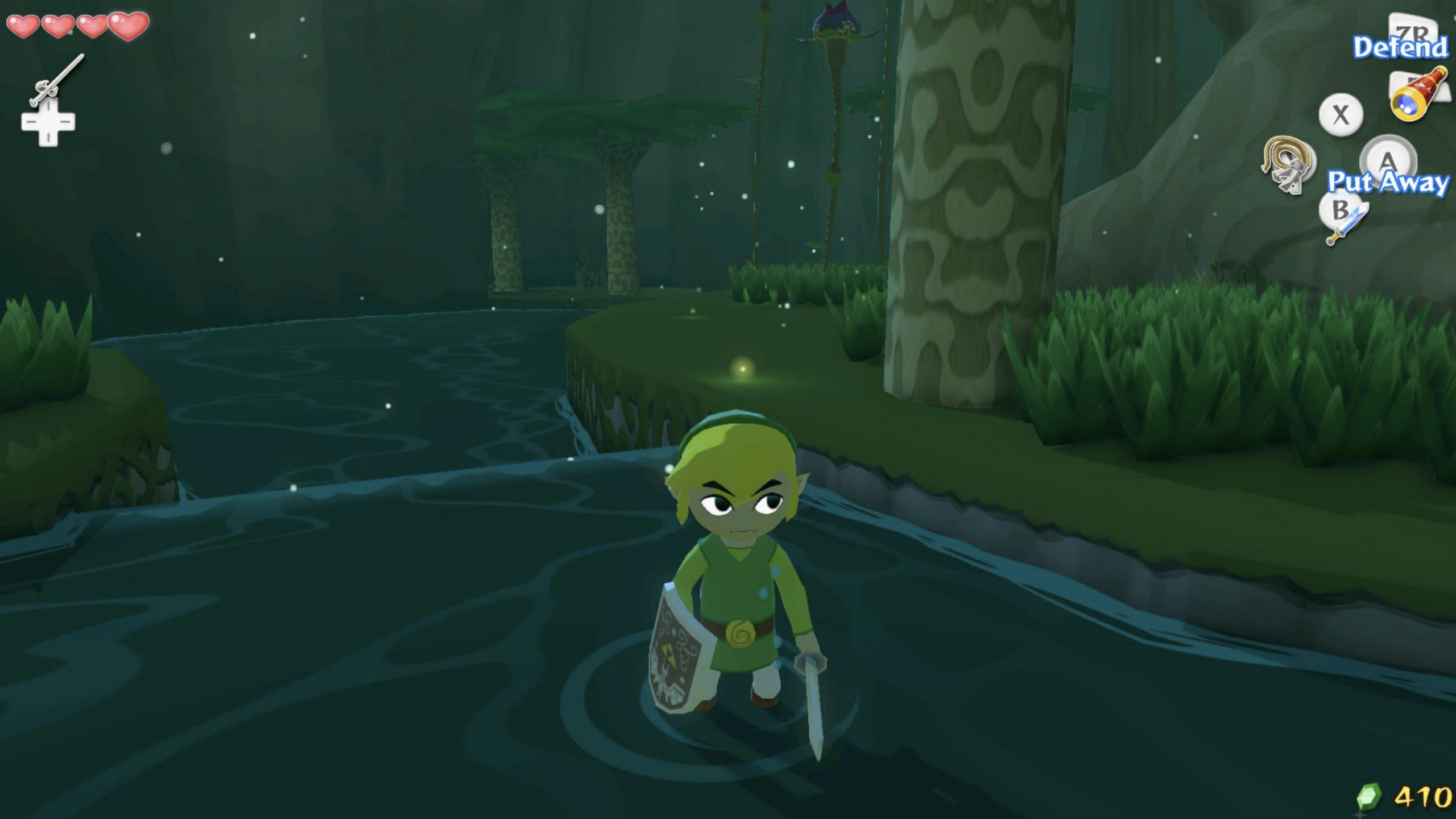 A character in a green tunic and hat stands in shallow water with a sword and shield in a lush, forested area, reminiscent of classic Zelda games. Game HUD elements are visible, showing health, items, and currency in the top corners.