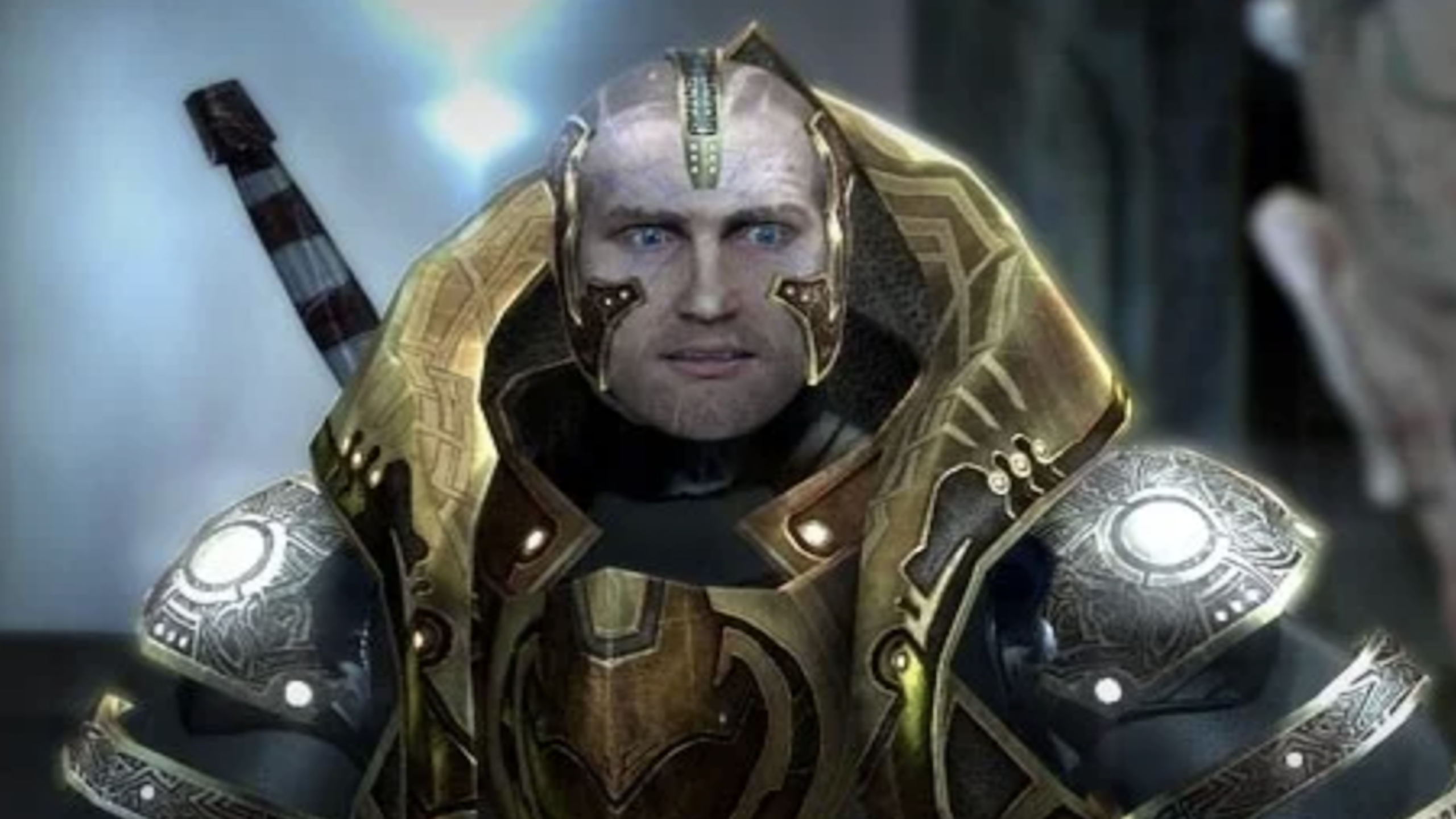 A person with a serious expression wears ornate, metallic gold armor with glowing accents and intricate designs, reminiscent of characters from expensive games. A sword is strapped to their back. The setting appears to be a fantasy or sci-fi environment.