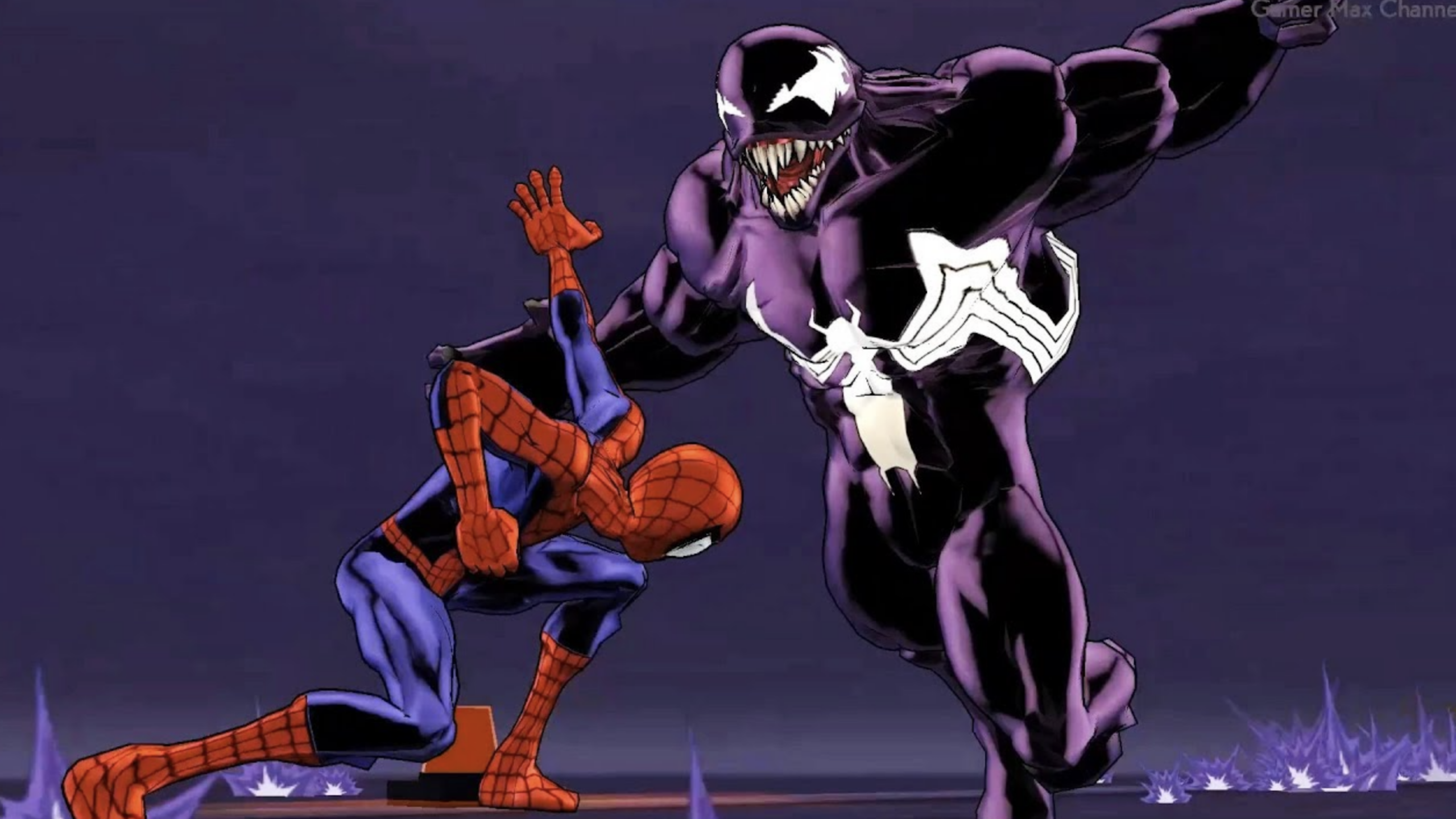 Spider-Man crouches defensively as another Spider-Man villain, Venom—a large, muscular figure with sharp teeth and a white spider symbol—towers over him menacingly in a dark, animated scene.