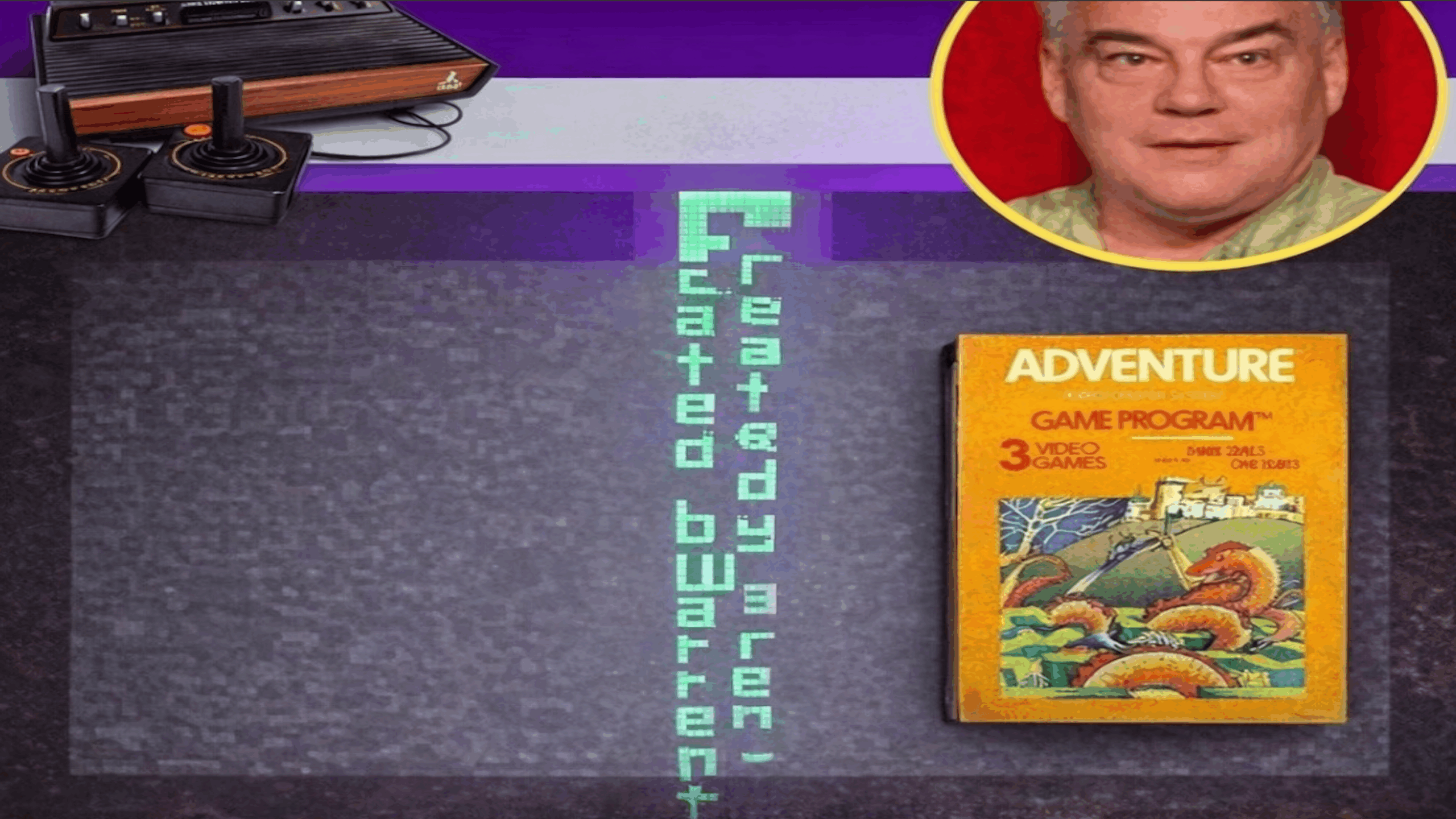 An Atari console with joysticks, a boxed Adventure game, pixelated “Created by Warren” text, and a portrait of a man in a red shirt in the top right corner—unveiling one of the earliest Video Game Secrets hidden in plain sight.
