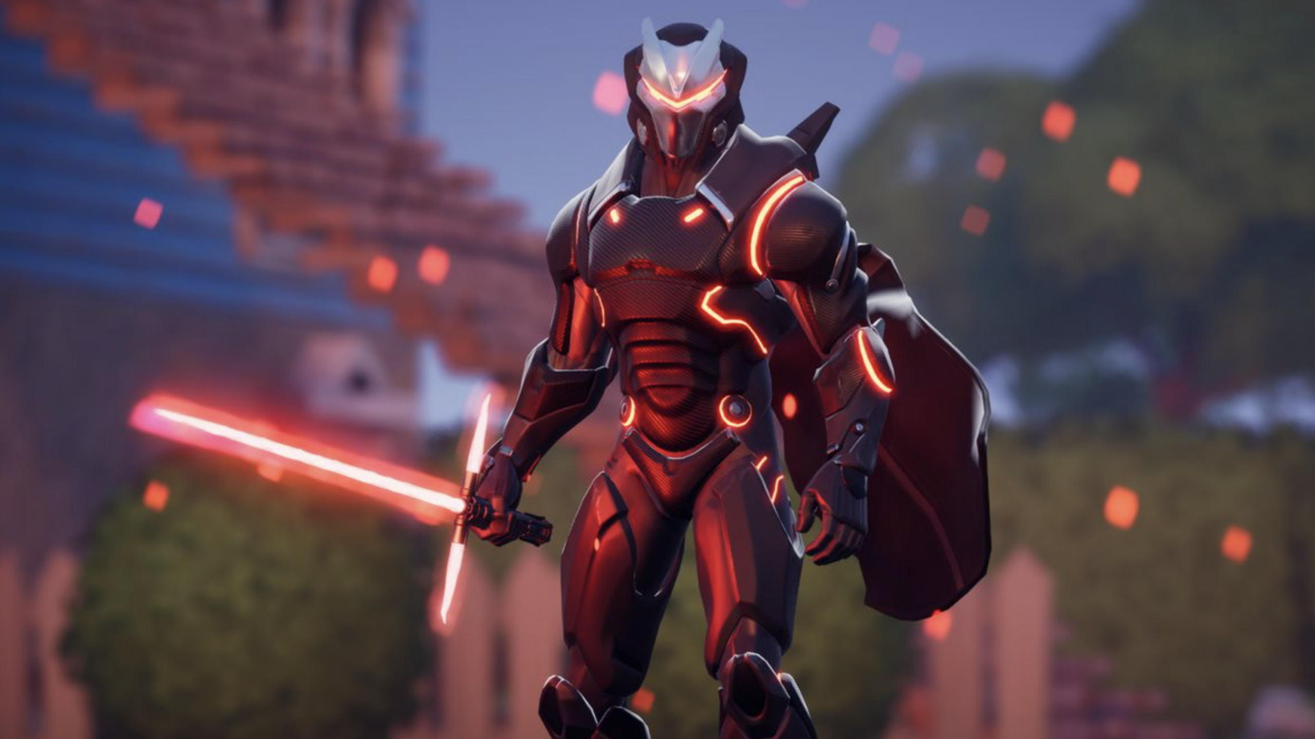 A futuristic armored warrior, inspired by Fortnite Skins, holds a glowing red sword and stands amid floating embers, with blurred outdoor buildings and trees in the background.