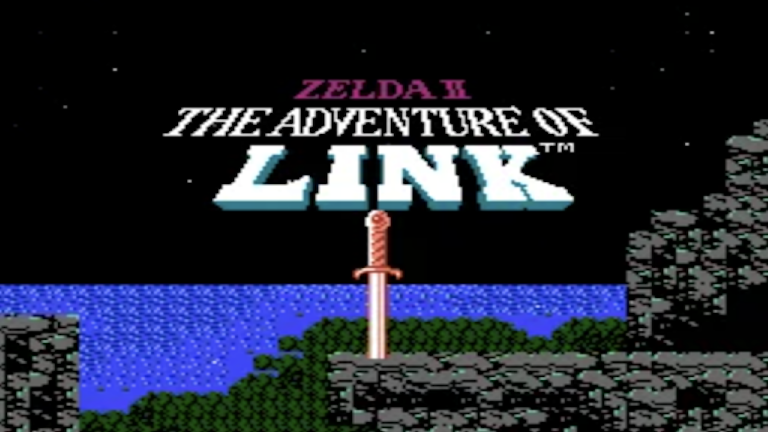 Title screen for “Zelda II: The Adventure of Link” shows a sword sticking out of a stone platform, with a lake and night sky in the background—a classic image recognized by fans of Zelda games.