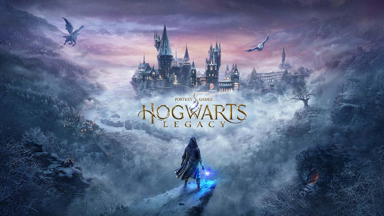 A cloaked figure holding a glowing staff stands before Hogwarts castle in a snowy, magical landscape, with a dragon flying overhead. The enchanting scene captures the adventurous world of video games, with "Hogwarts Legacy" written in gold letters at the center.