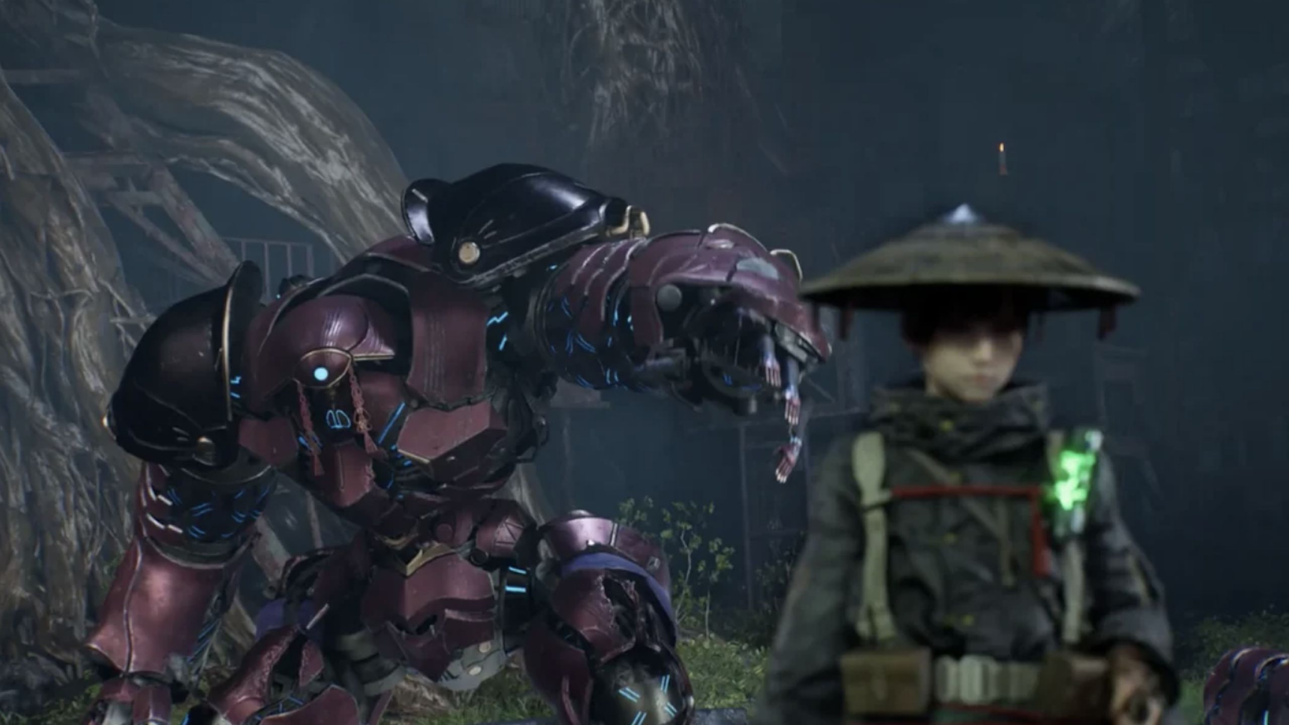 A large, armored purple mech points forward in a forest setting, evoking the bold energy of GTA 6, while a person in a straw hat and futuristic gear stands blurred in the foreground.