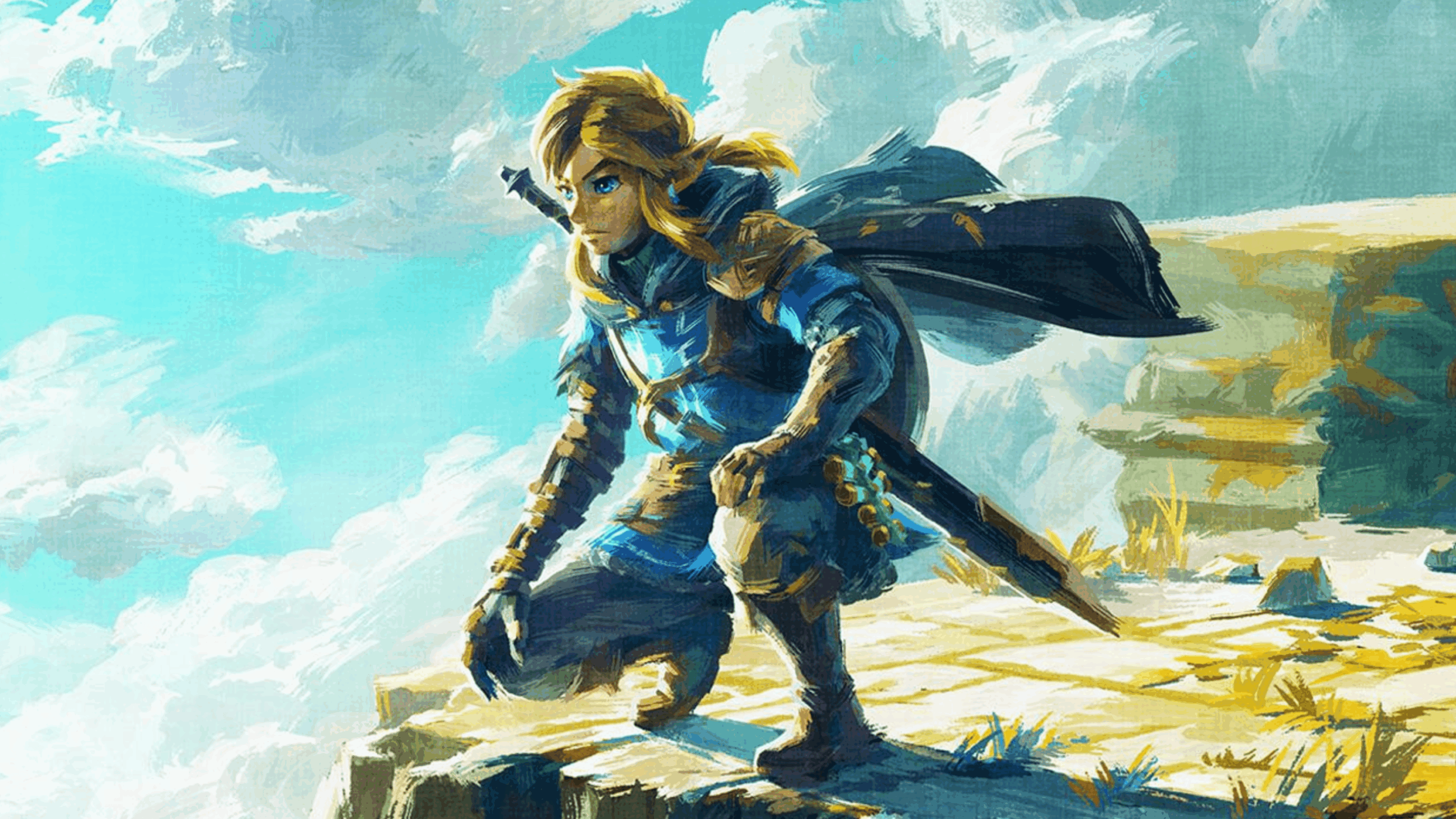 A character in blue armor kneels on a rocky cliff edge, looking into the distance. Reminiscent of iconic moments from Zelda games, the background features a bright sky with clouds and scattered sunlight, giving the scene a sense of adventure and openness.