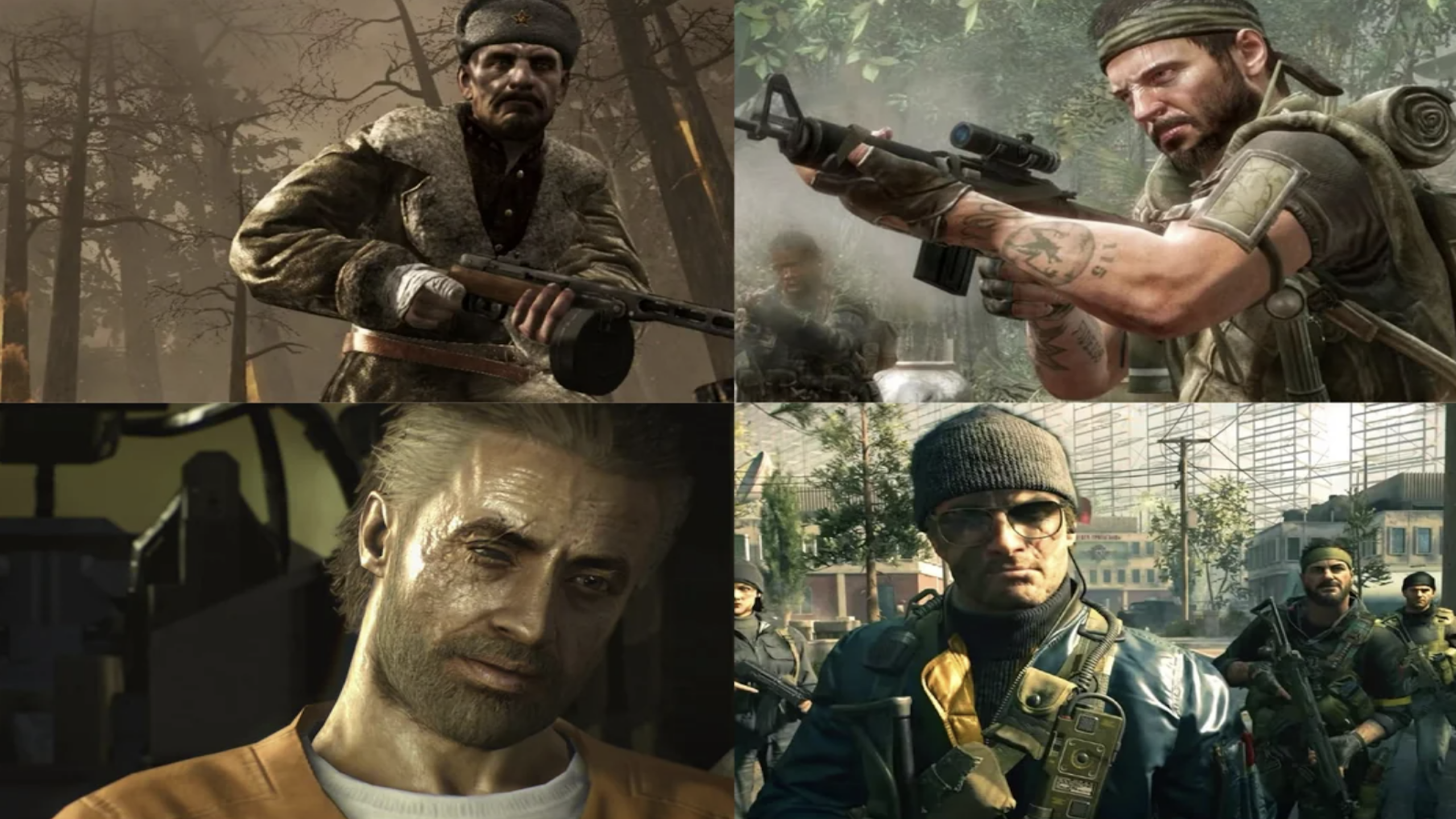 Four video game characters from the Call of Duty series are shown in dramatic scenes, each holding weapons or appearing serious, set in various military environments—creating an intense atmosphere reminiscent of Spider-Man’s action-packed moments.