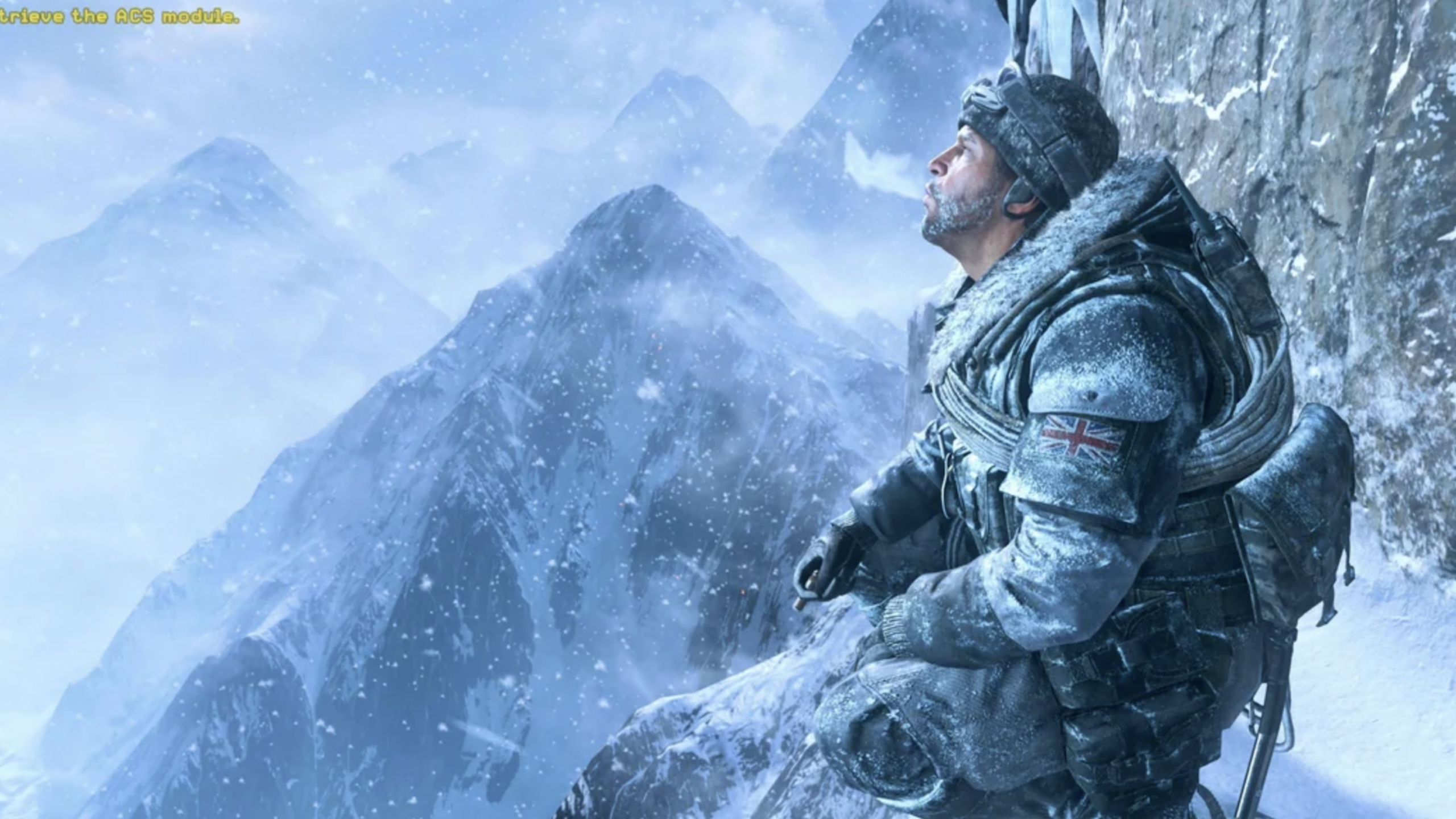 A person in heavy winter gear sits on a snowy mountain ledge, looking upward like Spider-Man scanning the city skyline. Snow falls, and tall, rugged mountains fill the background, creating a cold, harsh atmosphere.