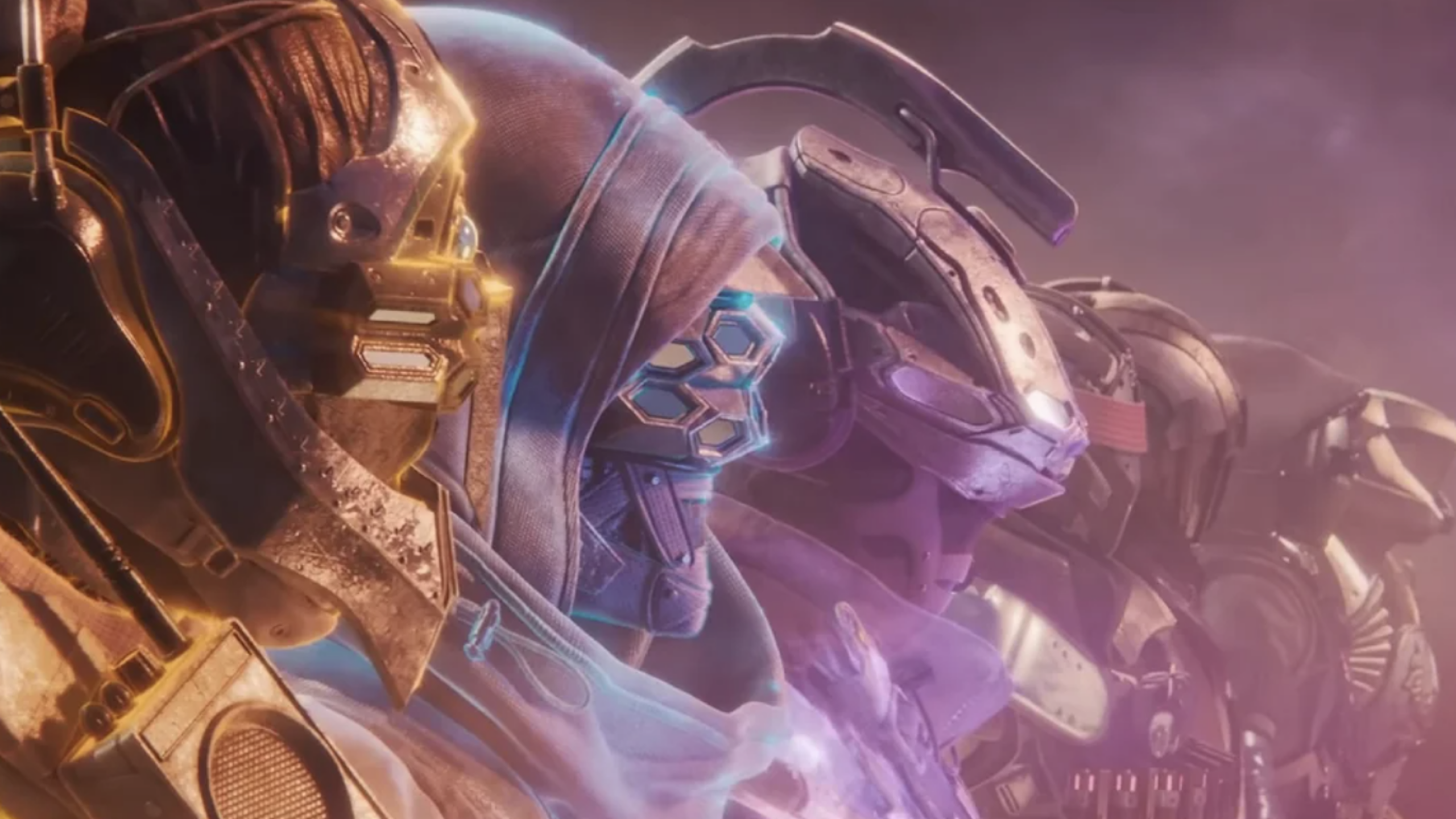 Four armored sci-fi characters stand side by side in profile, each wearing detailed helmets with glowing accents reminiscent of Spider-Man’s iconic eyes, set against a hazy, purple-tinted background.