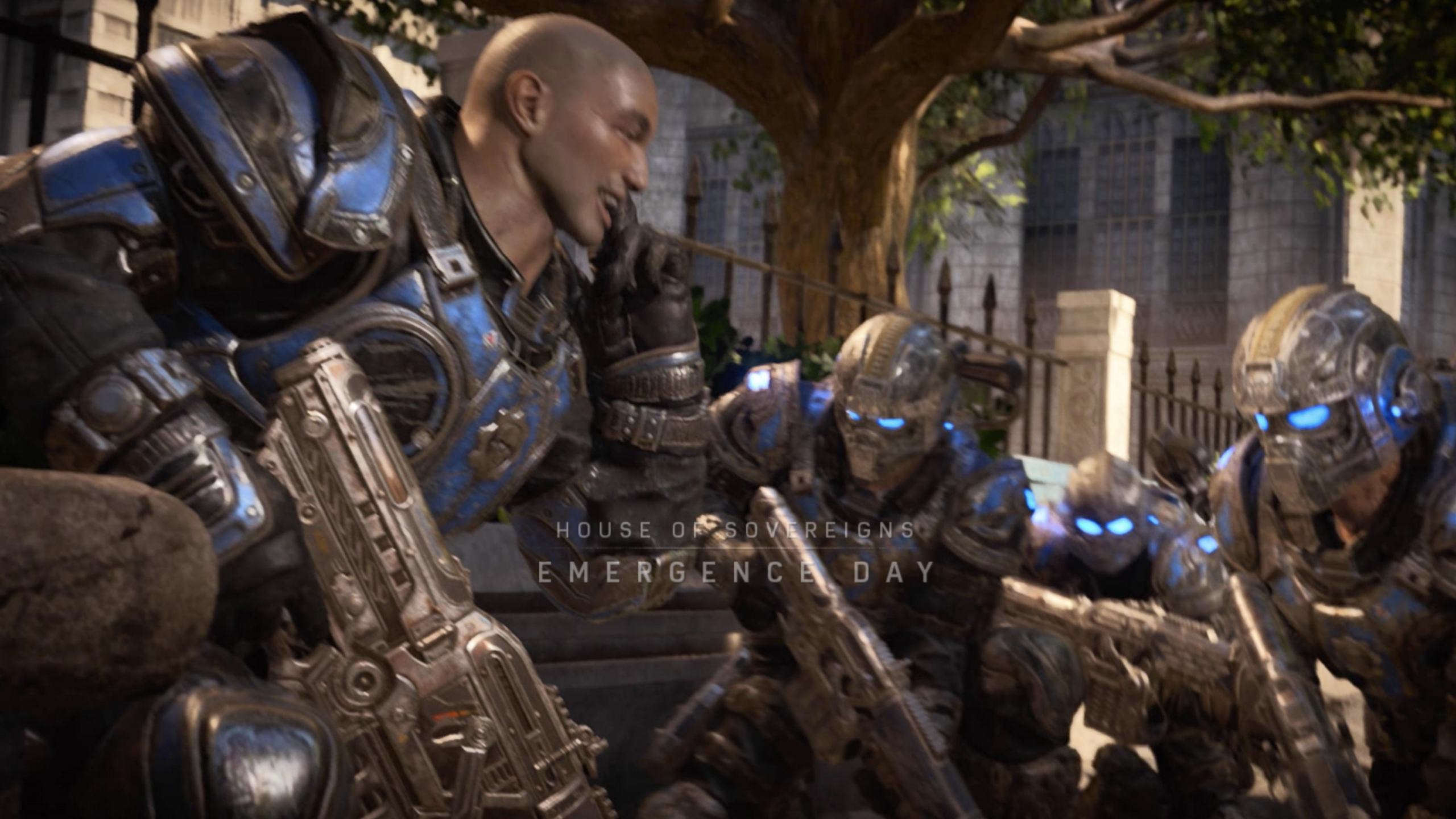 Four armored soldiers with glowing blue eyes crouch together, holding large rifles, near a tree and metal fence. Text reads “House of Sovereigns: Emergence Day.” The scene is detailed and intense, with a warm, dramatic atmosphere reminiscent of GTA 6’s striking visuals.