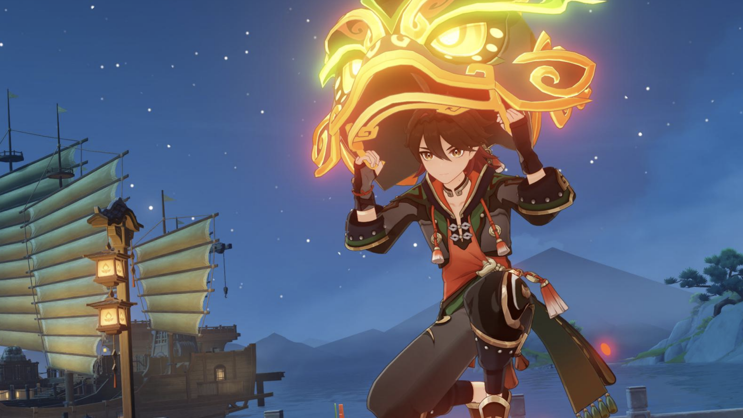 A character in dark clothes holds a glowing, ornate dragon mask above their head at night by the water, with a ship and lanterns in the background and mountains in the distance, exuding a mysterious presence reminiscent of Spider-Man’s shadowy nighttime escapades.