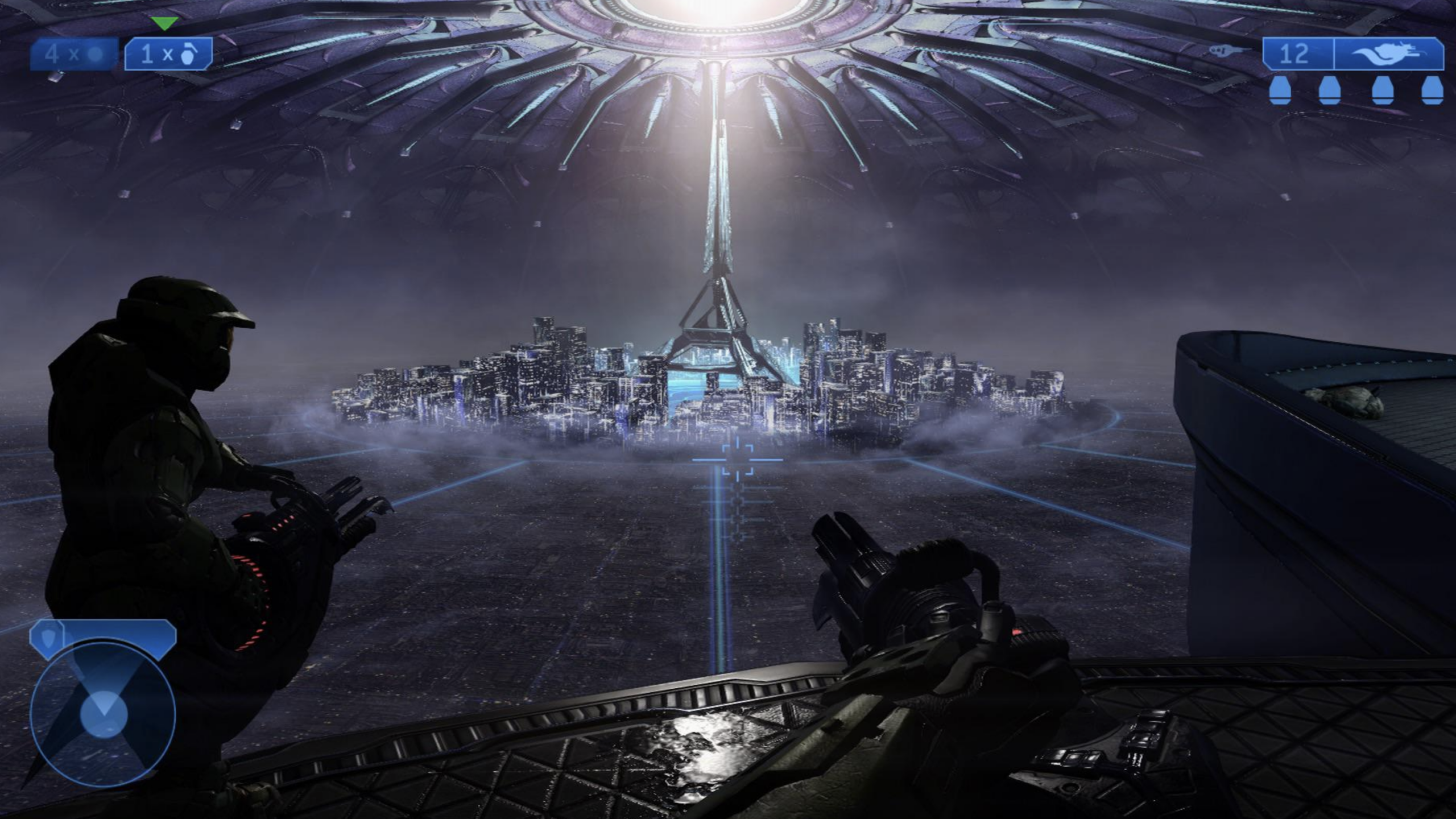 A futuristic city with a bright tower at its center is viewed from a platform. Two armored figures, reminiscent of Spider-Man’s advanced suits, stand in the foreground holding weapons, while a radar and ammo indicators are visible on the screen.
