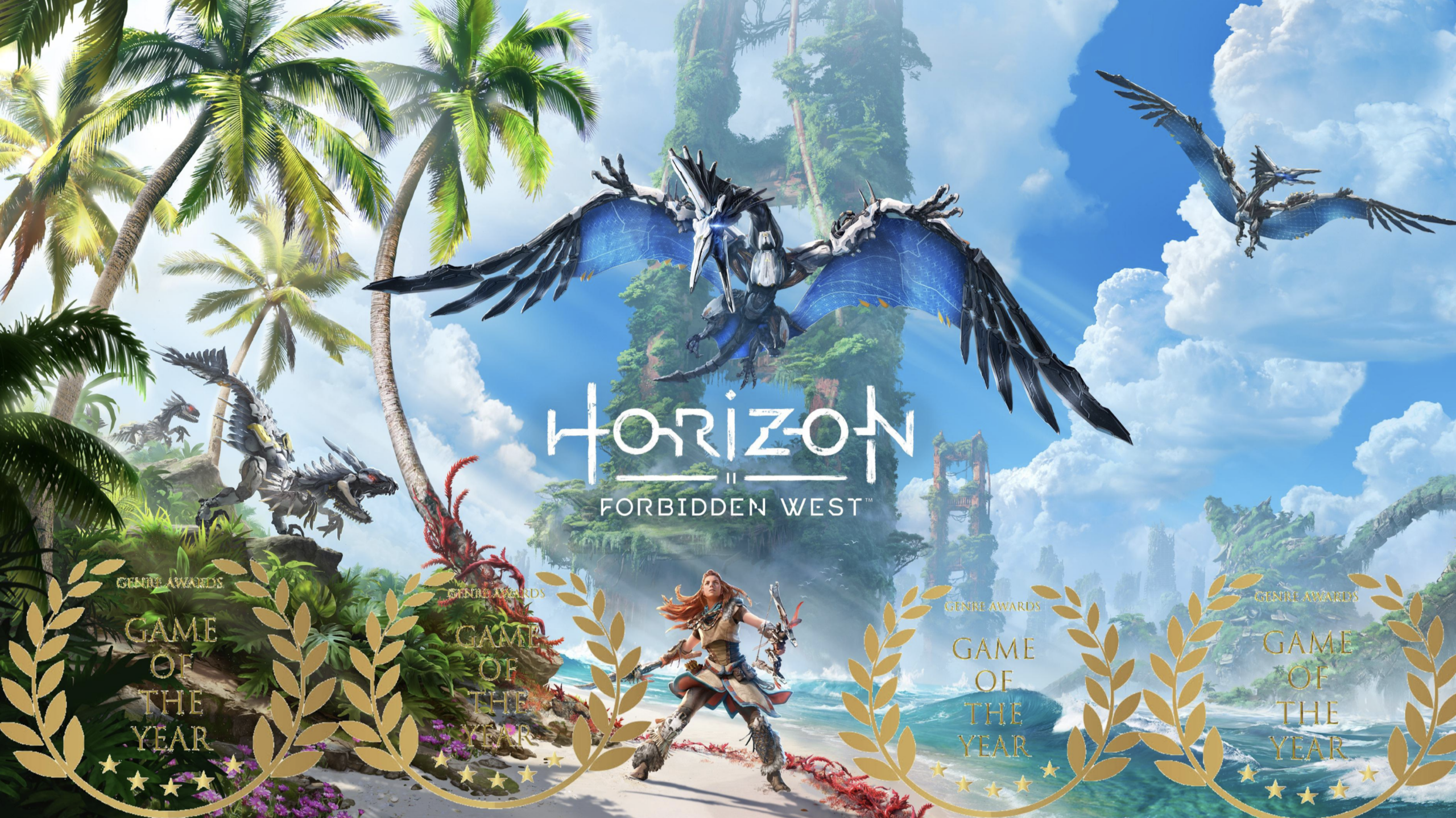 A warrior with a bow faces mechanical birds in a lush, tropical landscape, evoking the thrilling spirit of adventures like Spider-Man. The “Horizon Forbidden West” logo is centered, with three Game of the Year award badges at the bottom.