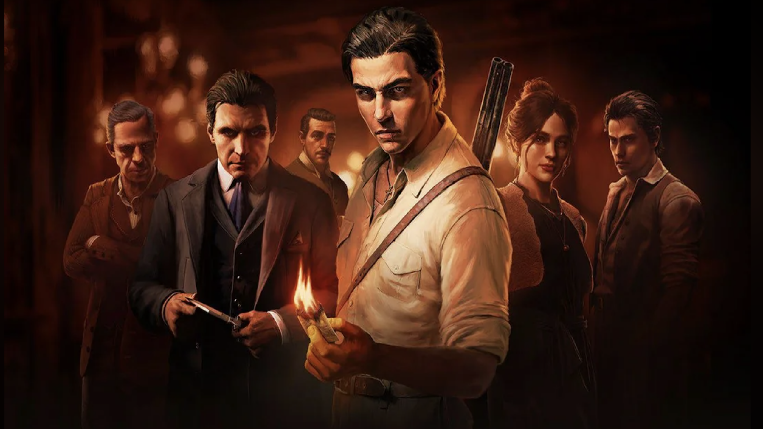 Six serious people in vintage clothing stand together in warm lighting; the man in front holds a lit match and a shotgun, while others look tense, holding cards or cash, suggesting a dramatic or criminal scene reminiscent of GTA 6.