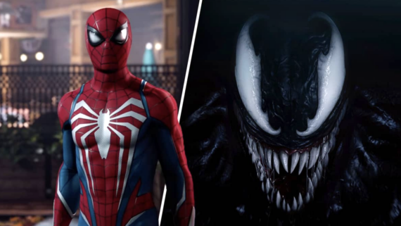 Spider-Man stands in his suit with a white spider emblem on the left, while a menacing Venom with sharp teeth and a wide mouth appears on the dark right side, ready to confront Spider-Man in an intense showdown.