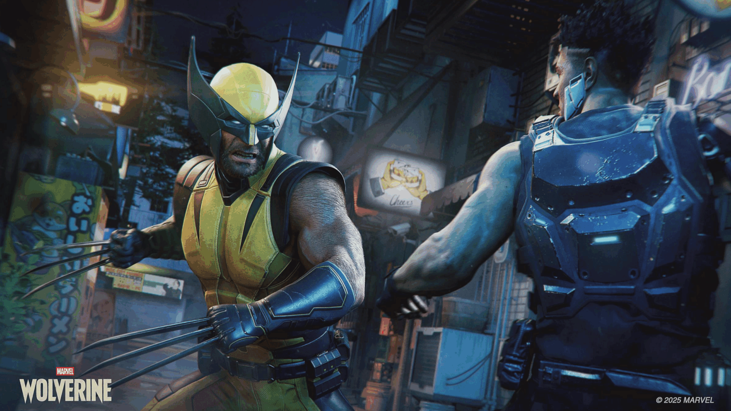 Wolverine, in his yellow and blue suit with claws extended, faces off against an armored opponent in a neon-lit urban alley at night—a scene so intense and action-packed it feels straight out of GTA 6’s adrenaline-fueled streets.