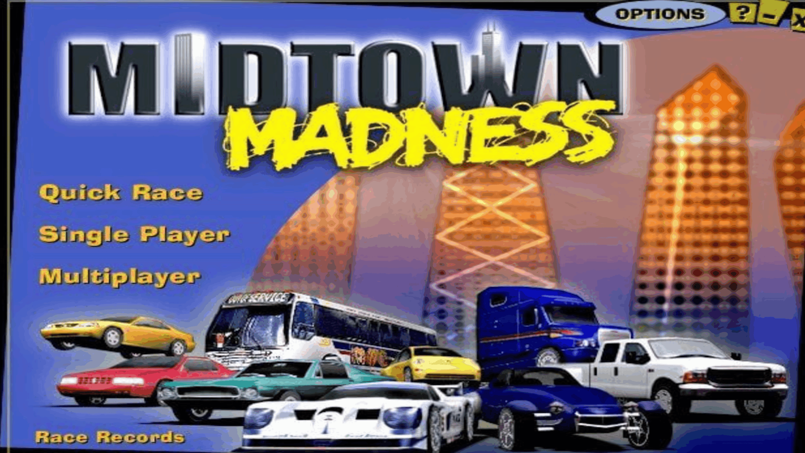Midtown Madness game menu screen with yellow, white, and blue cars, buses, and trucks shown at the bottom, and skyscrapers with glowing lights in the background. Menu options include Quick Race, Single Player, and Multiplayer—capturing the excitement of the classic Game Discs era.