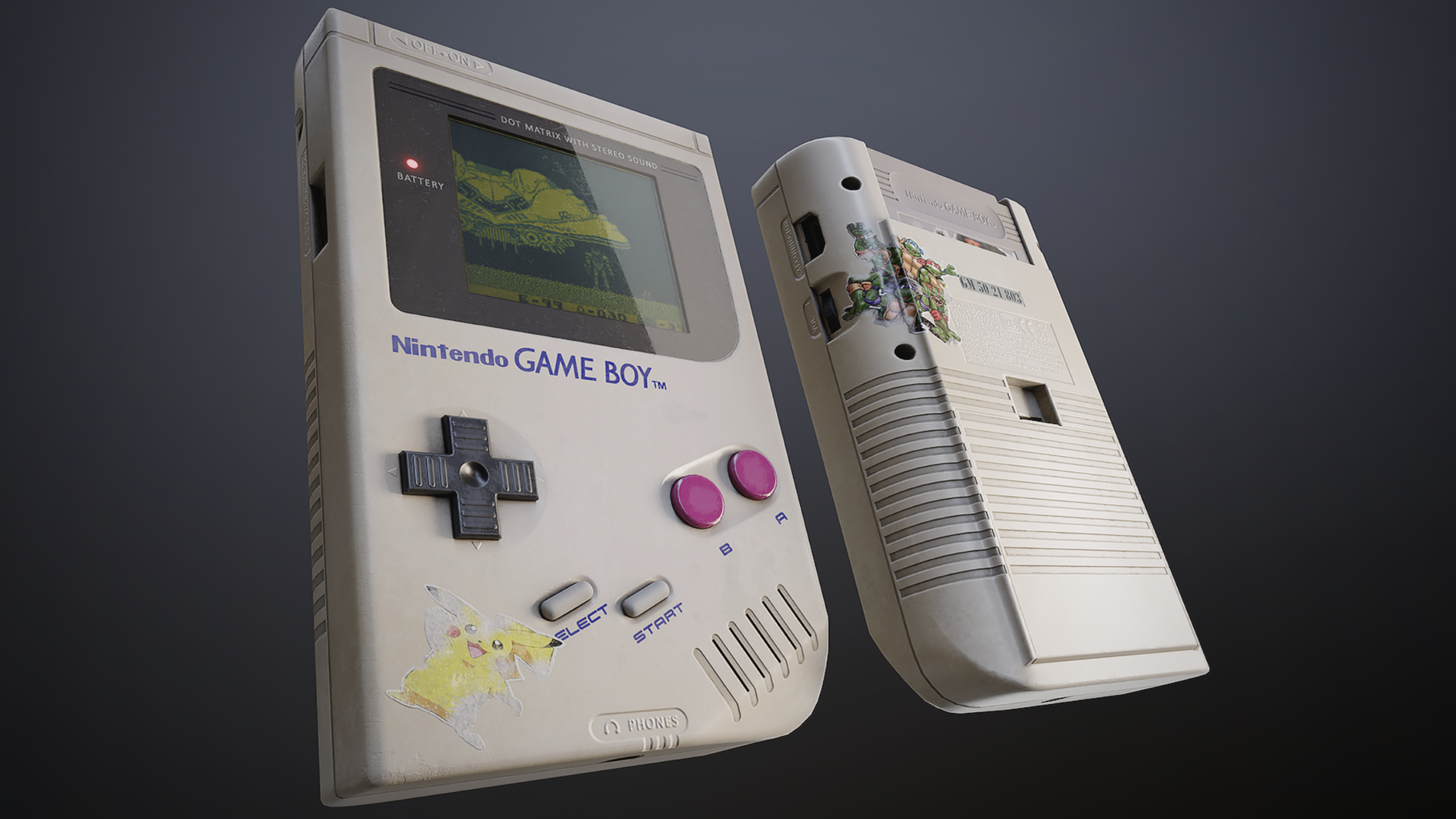 Two vintage Nintendo Game Boy handheld consoles, quintessential childhood items, are displayed—one showing the front with buttons and screen, the other revealing the back with stickers. Both appear worn and used, highlighting signs of age and nostalgia against a dark background.