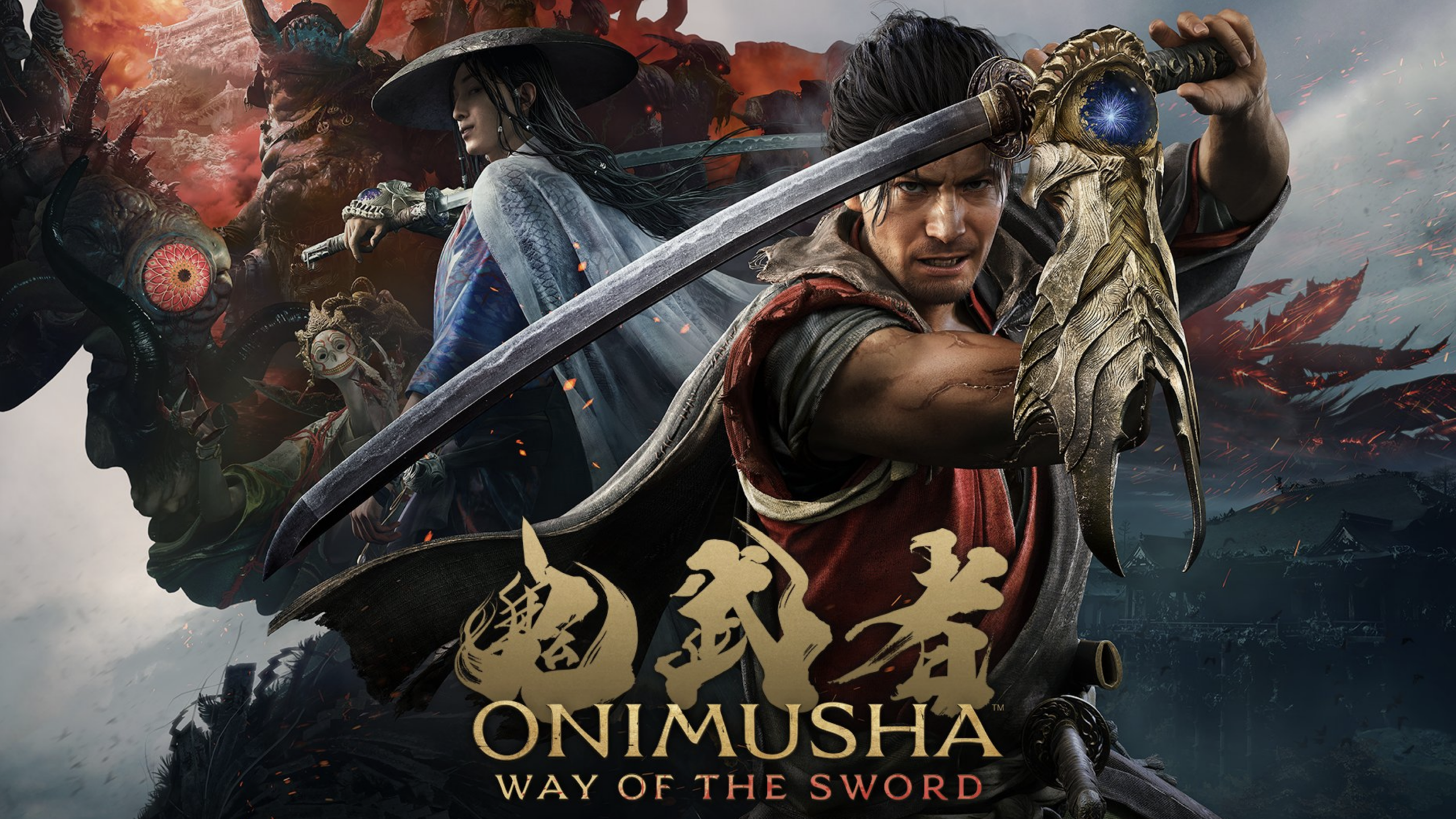 Two warriors stand ready for battle, one holding a sword with a gauntlet, the other in a hat with a staff, exuding an intensity worthy of GTA 6’s gritty style. A demonic creature looms behind them. Text reads: “ONIMUSHA WAY OF THE SWORD” with Japanese characters.