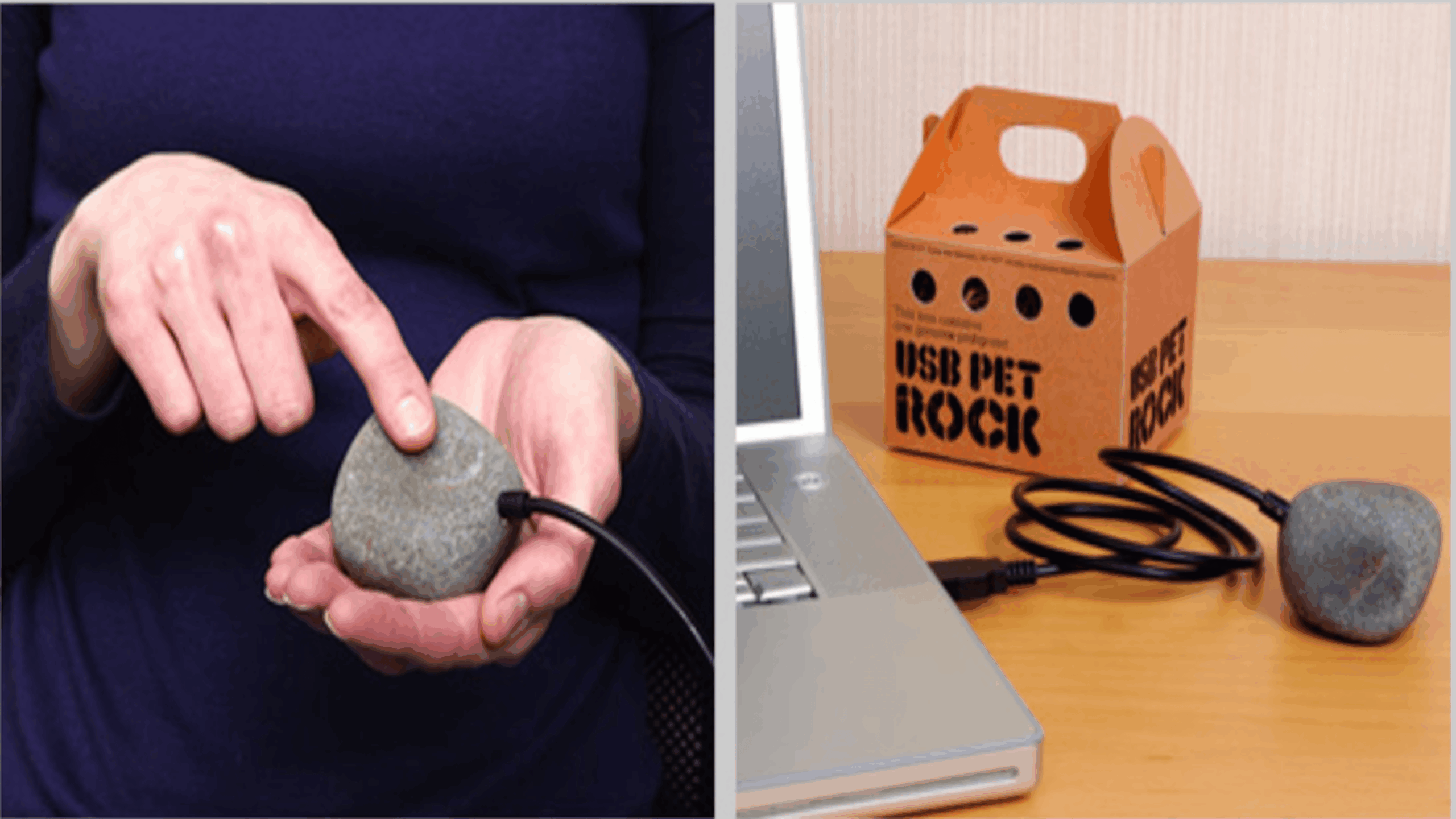 A person touches a USB-connected rock near a laptop; next to it is a small box labeled “USB Pet Rock,” with the quirky tech gadget and cable on a desk.