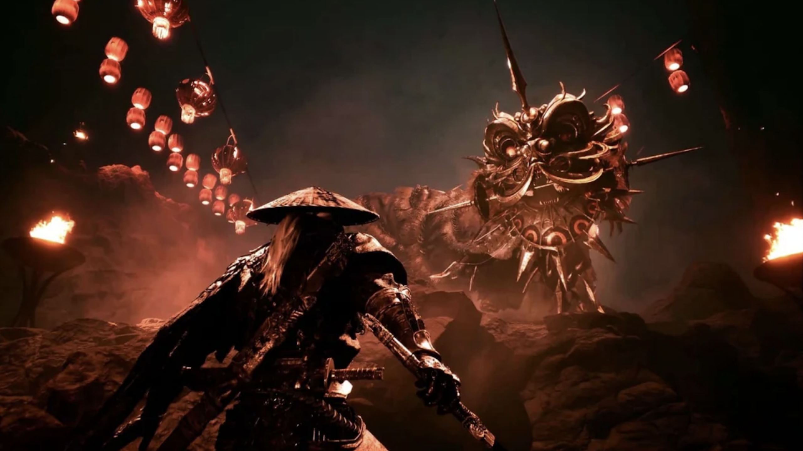 A warrior in a straw hat faces a large, menacing dragon in a dark, fiery cave lit by lanterns and torches, evoking the intense, cinematic atmosphere reminiscent of GTA 6’s epic showdowns.
