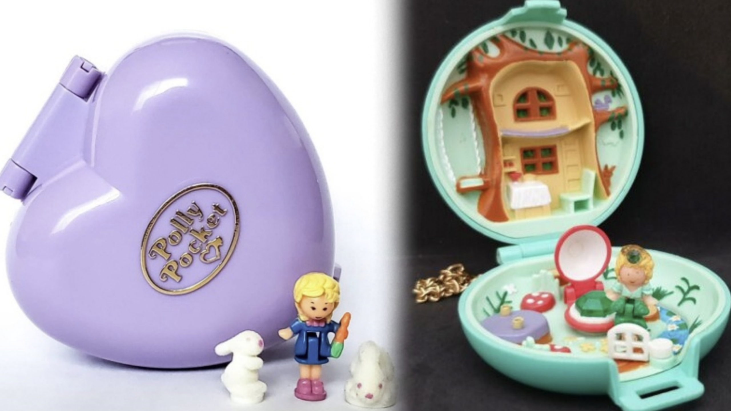 A purple, heart-shaped Polly Pocket case and a green, round Polly Pocket case, both open to reveal miniature dolls, animals, and detailed playsets inside—these treasured childhood items spark nostalgia and endless imaginative play.