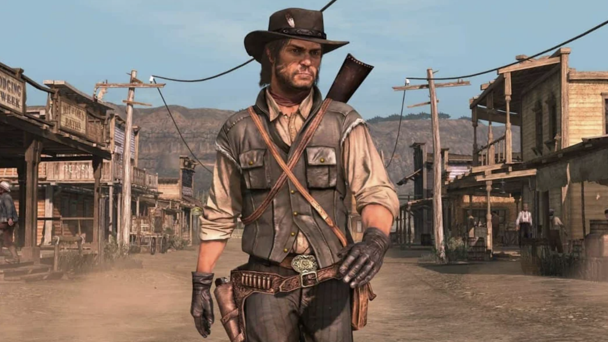 A rugged cowboy with a rifle on his back walks down a dusty street in a Western town, wearing a hat, vest, gloves, and gun belt, his confident stride reminiscent of Spider-Man’s unwavering determination. Wooden buildings and mountains are visible in the background.