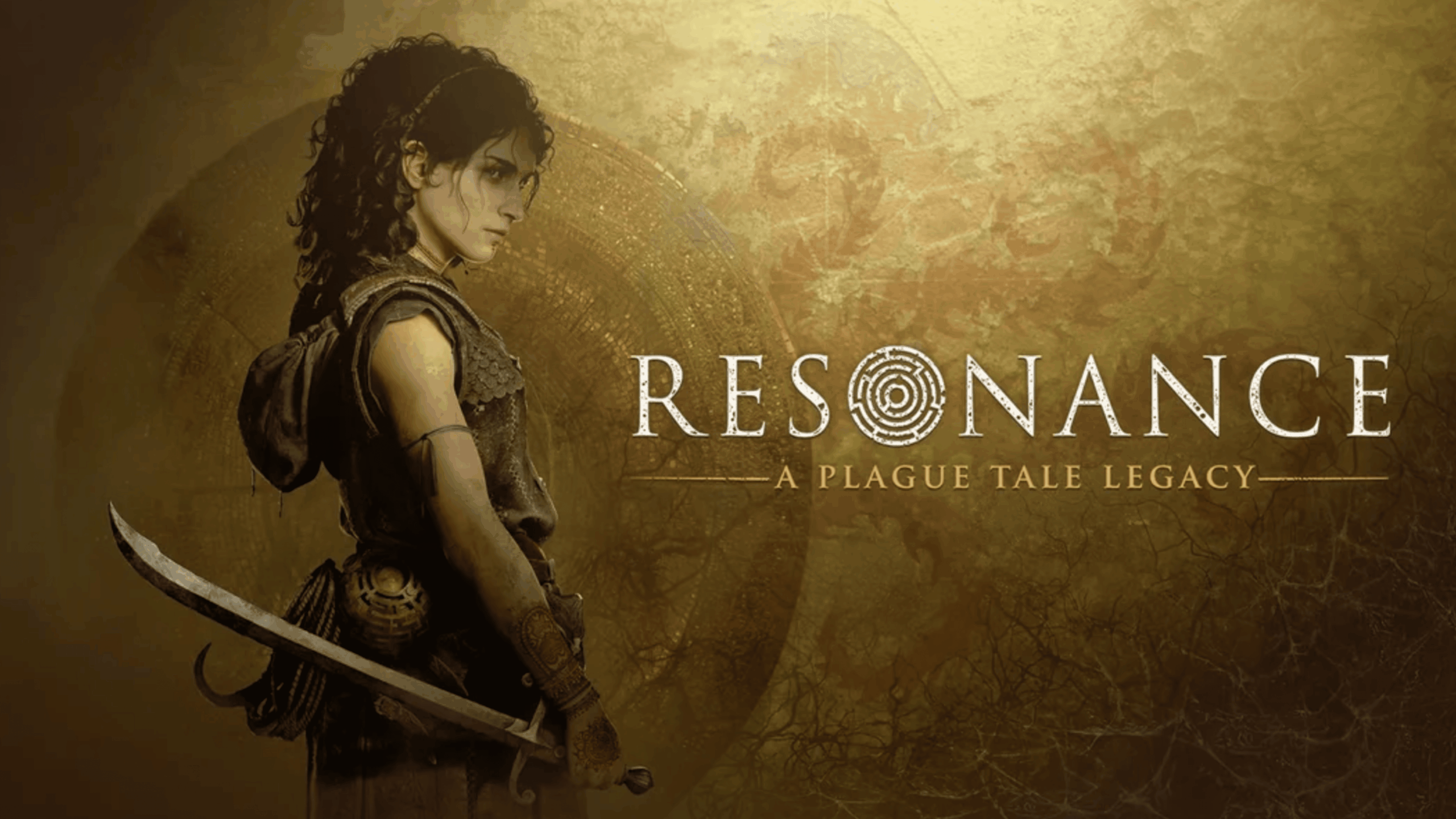 A woman holding a sword stands in front of a textured golden background, evoking the epic atmosphere akin to that of GTA 6′s striking visuals. Text reads: “RESONANCE: A Plague Tale Legacy.” The woman has curly hair and wears medieval-style clothing and armor.