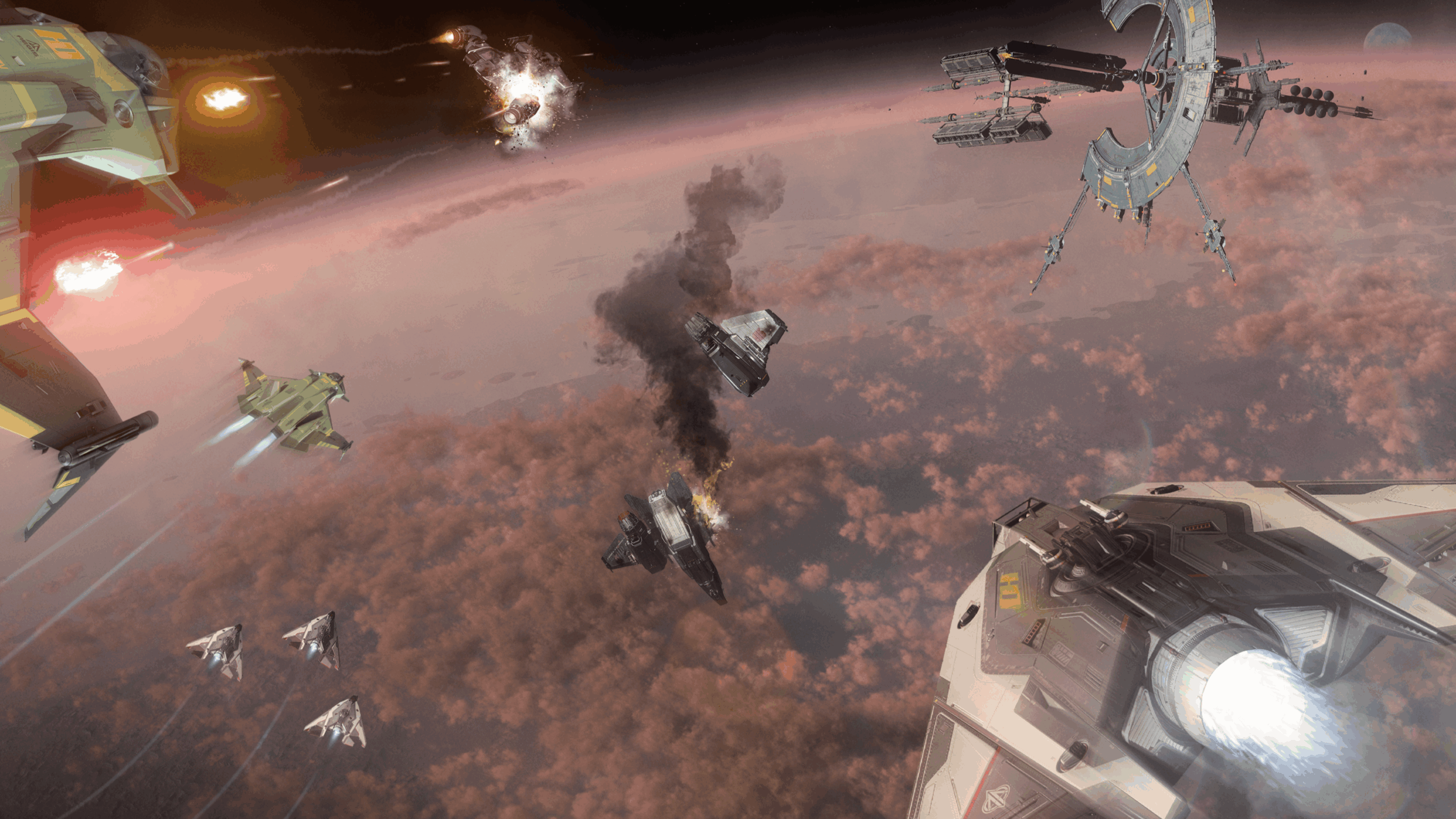 Several futuristic spacecraft engage in a space battle above a planet, with explosions, smoke, and a large space station visible in the background—while Spider-Man swings through the chaos, his web-shooters ready for action amidst the interstellar conflict.