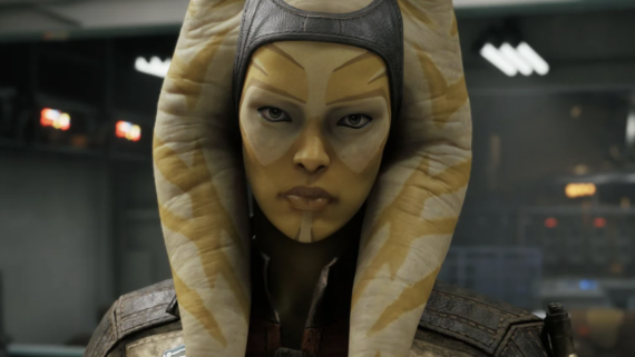 A humanoid character with yellow and white facial markings and large striped head-tails stands in a sci-fi setting, wearing detailed armor reminiscent of high-tech gear from GTA 6, and looking forward with a serious expression.