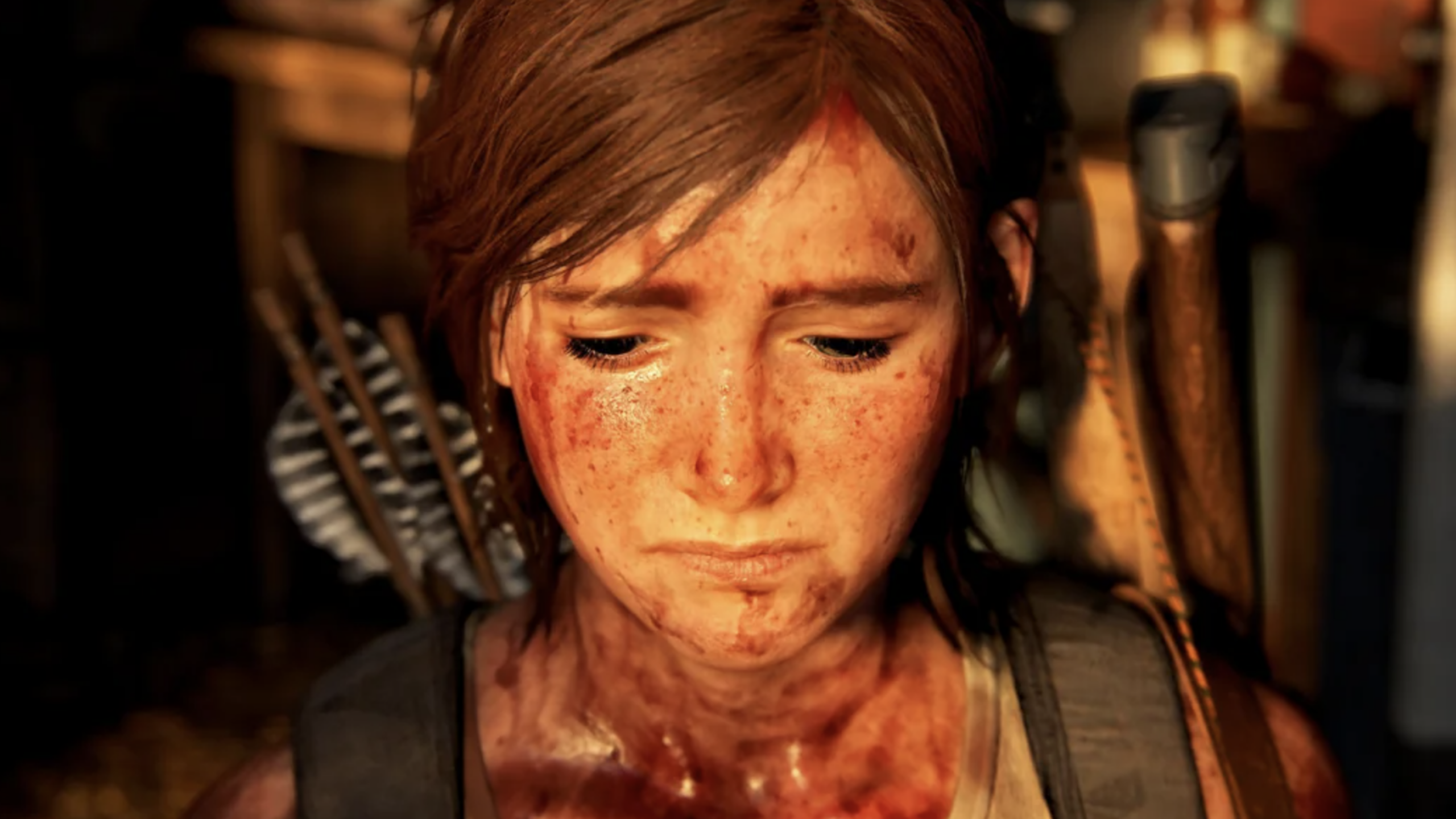 A young woman with freckles and blood on her face looks down sadly, carrying a quiver of arrows and a backpack, with warm light illuminating her—her somber expression reminiscent of Spider-Man after a hard-fought battle.