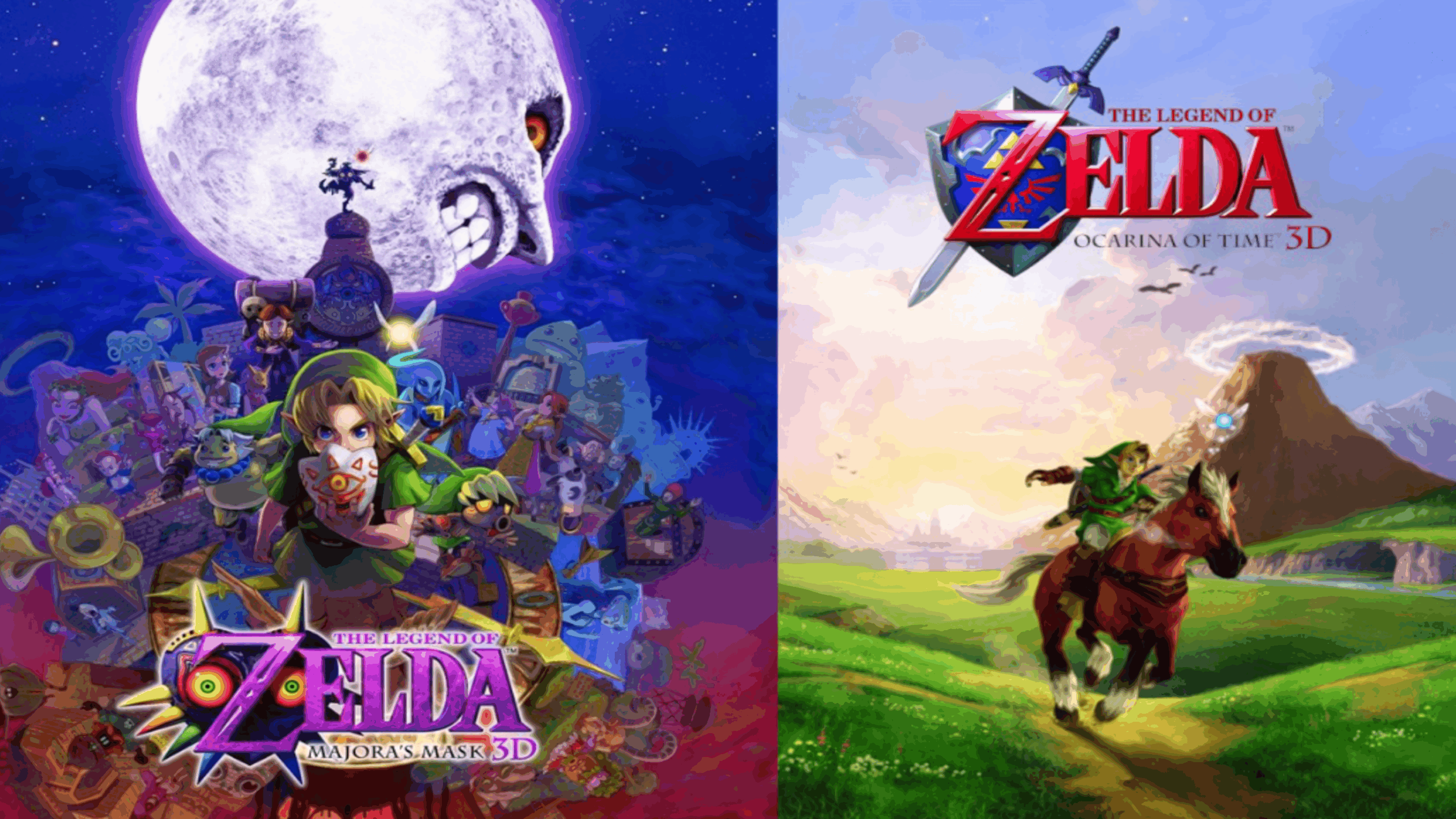 Split image: Left side shows “The Legend of Zelda: Majora’s Mask 3D” with a moon, mask, and characters; right side showcases “Ocarina of Time 3D,” one of the most beloved Zelda games, featuring Link on horseback in a green field.