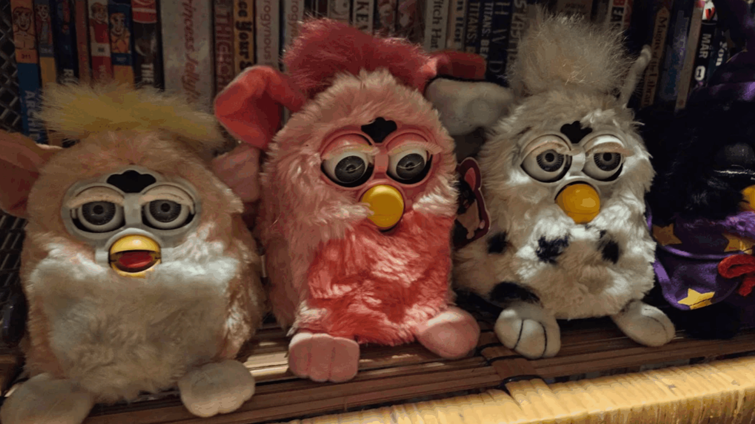 Three vintage Furby toys with different fur colors—cream, pink, and white with black spots—sit side by side on a shelf in front of assorted DVDs, capturing the nostalgic charm of classic childhood items.