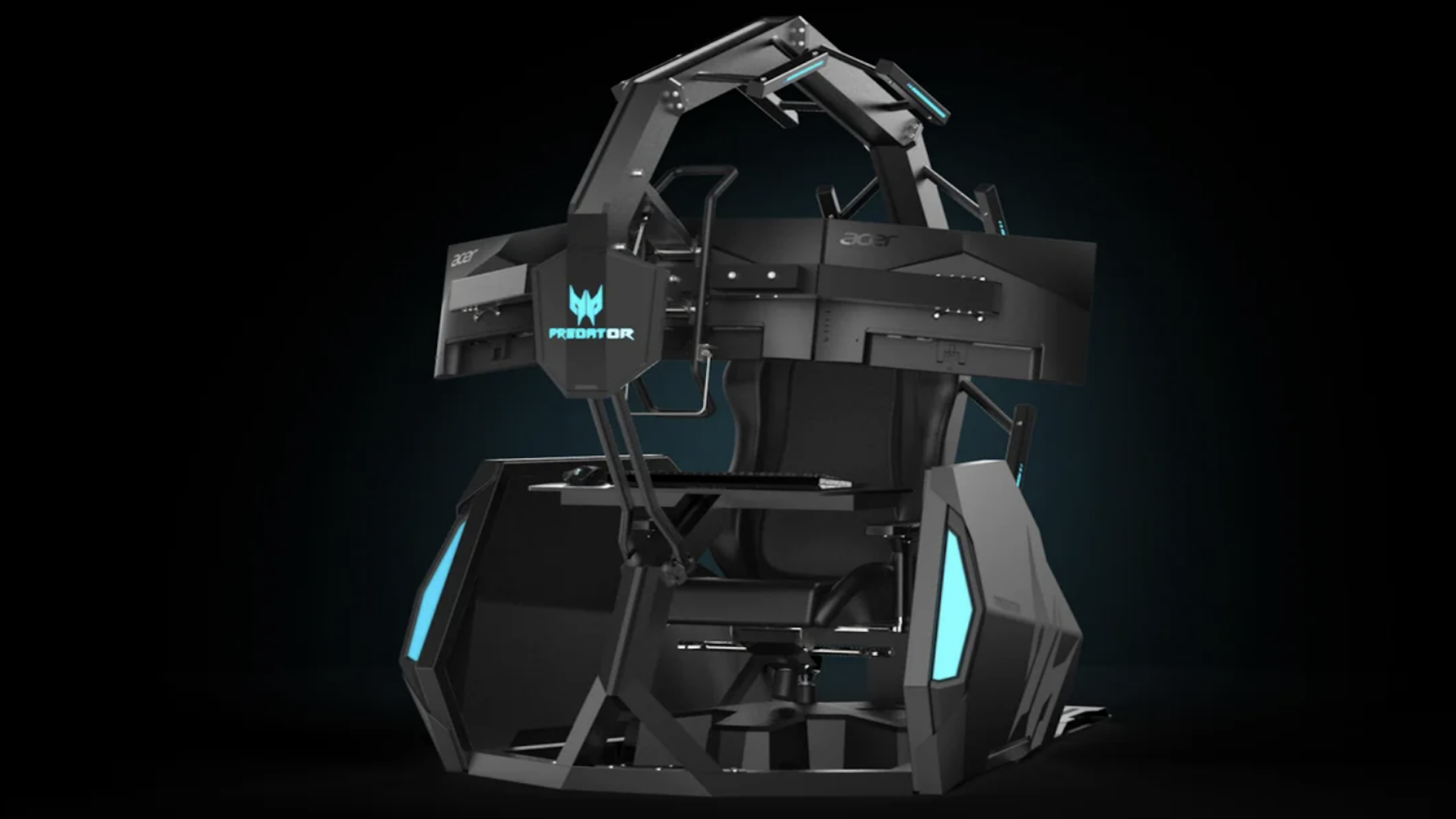 A futuristic gaming chair setup with multiple monitors and illuminated blue accents, featuring a high-tech, enclosed design labeled “Predator” on a dark background—this is the ultimate in Gaming Products innovation.